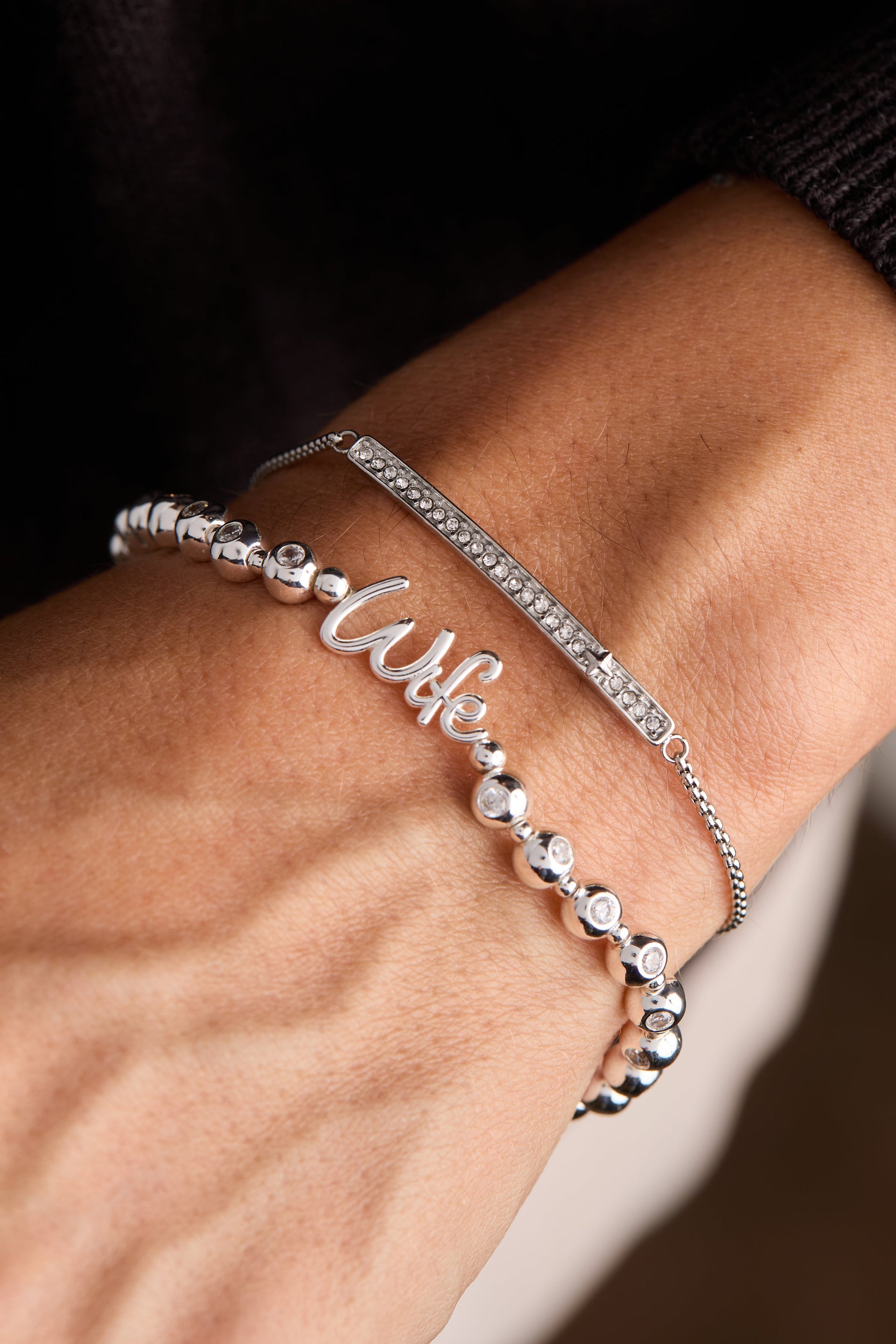Wife Elongated Crystal Stretch Bracelet in Script