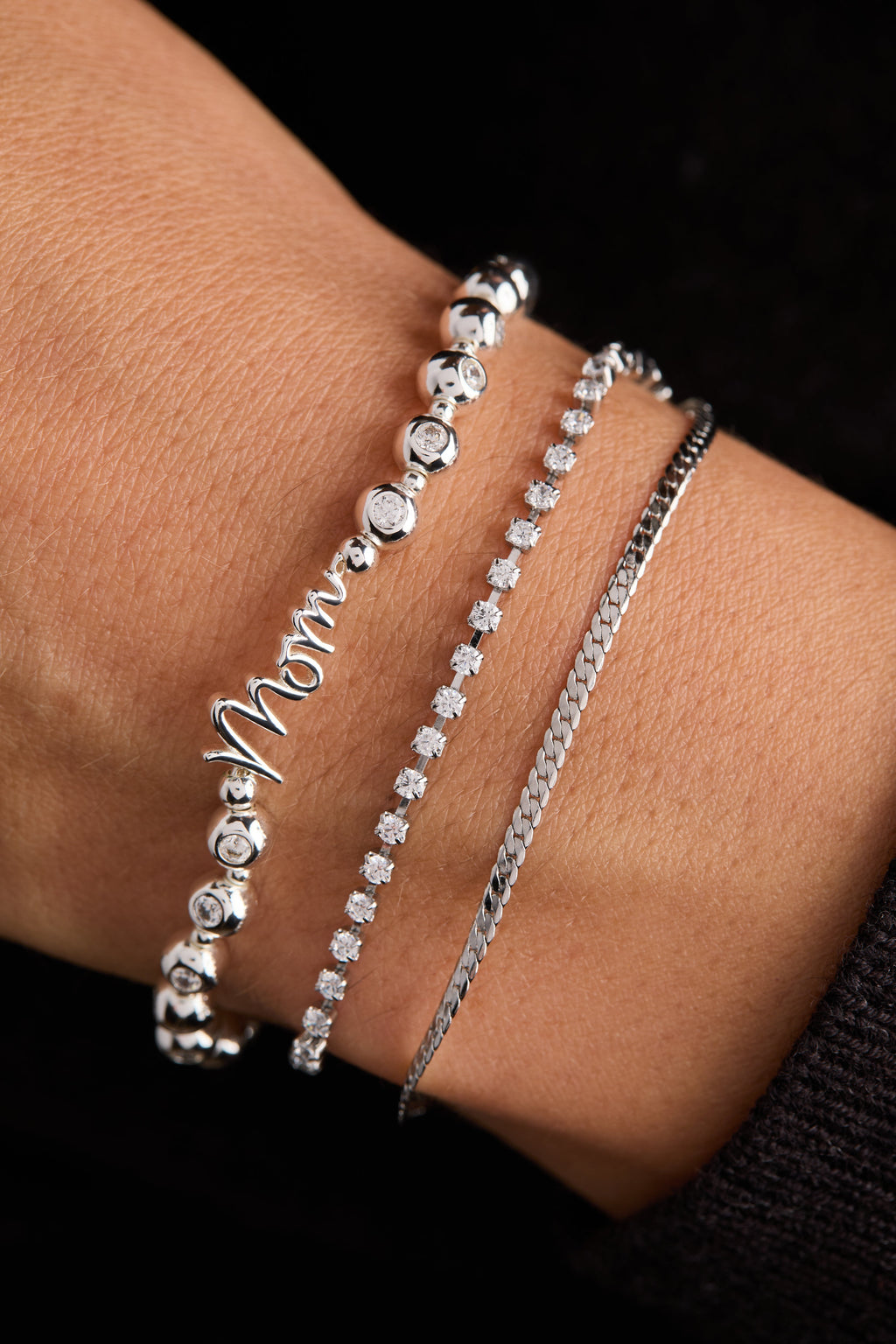 Mom Elongated Crystal Stretch Bracelet in Script
