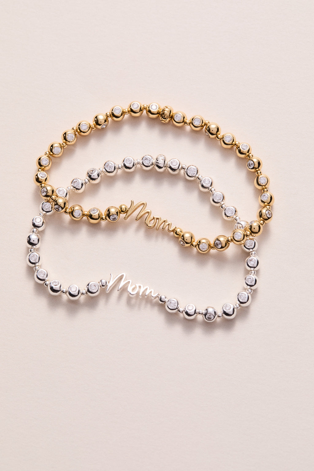Mom Elongated Crystal Stretch Bracelet in Script