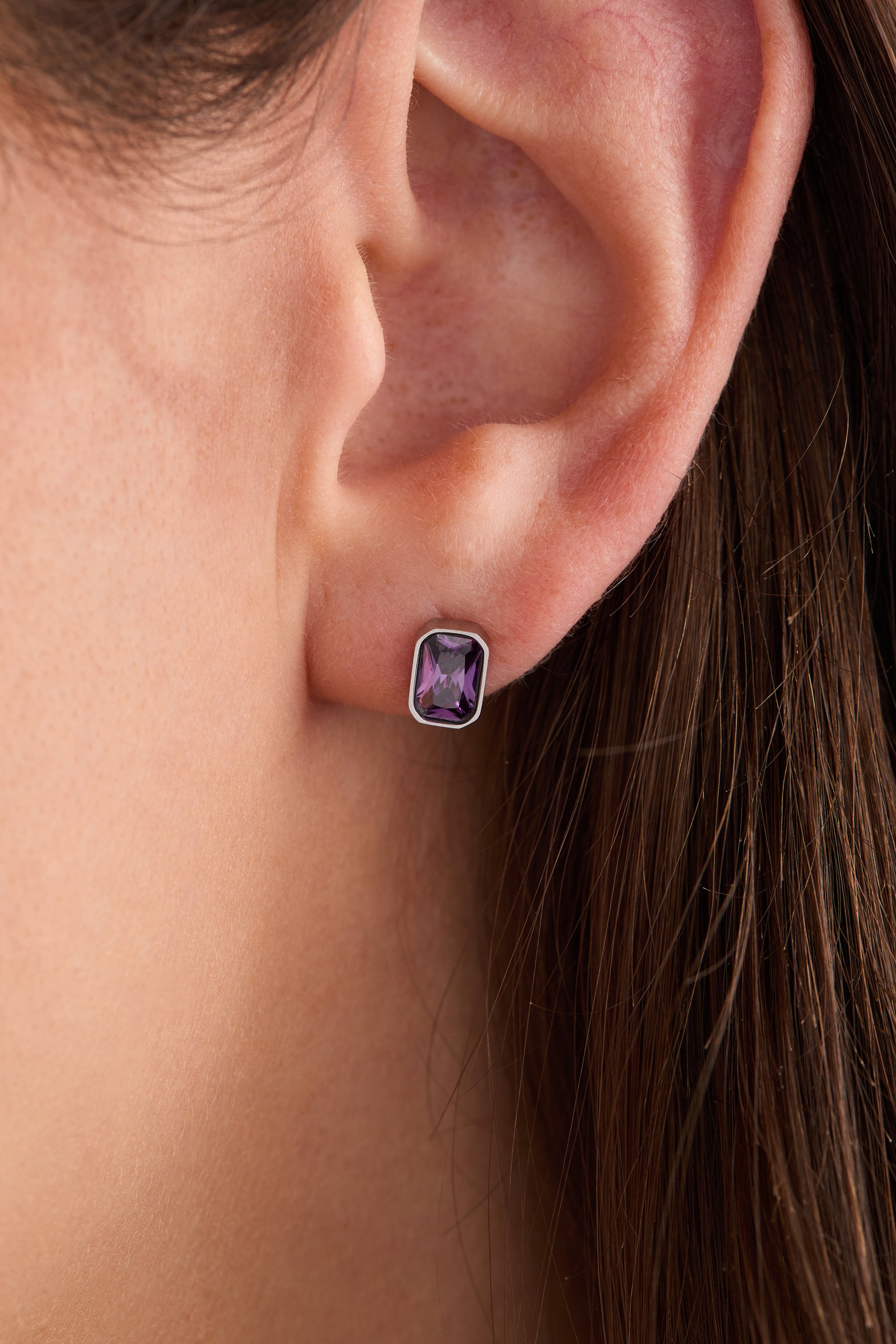 February Amethyst Emerald-Cut Birthstone Stud Earrings