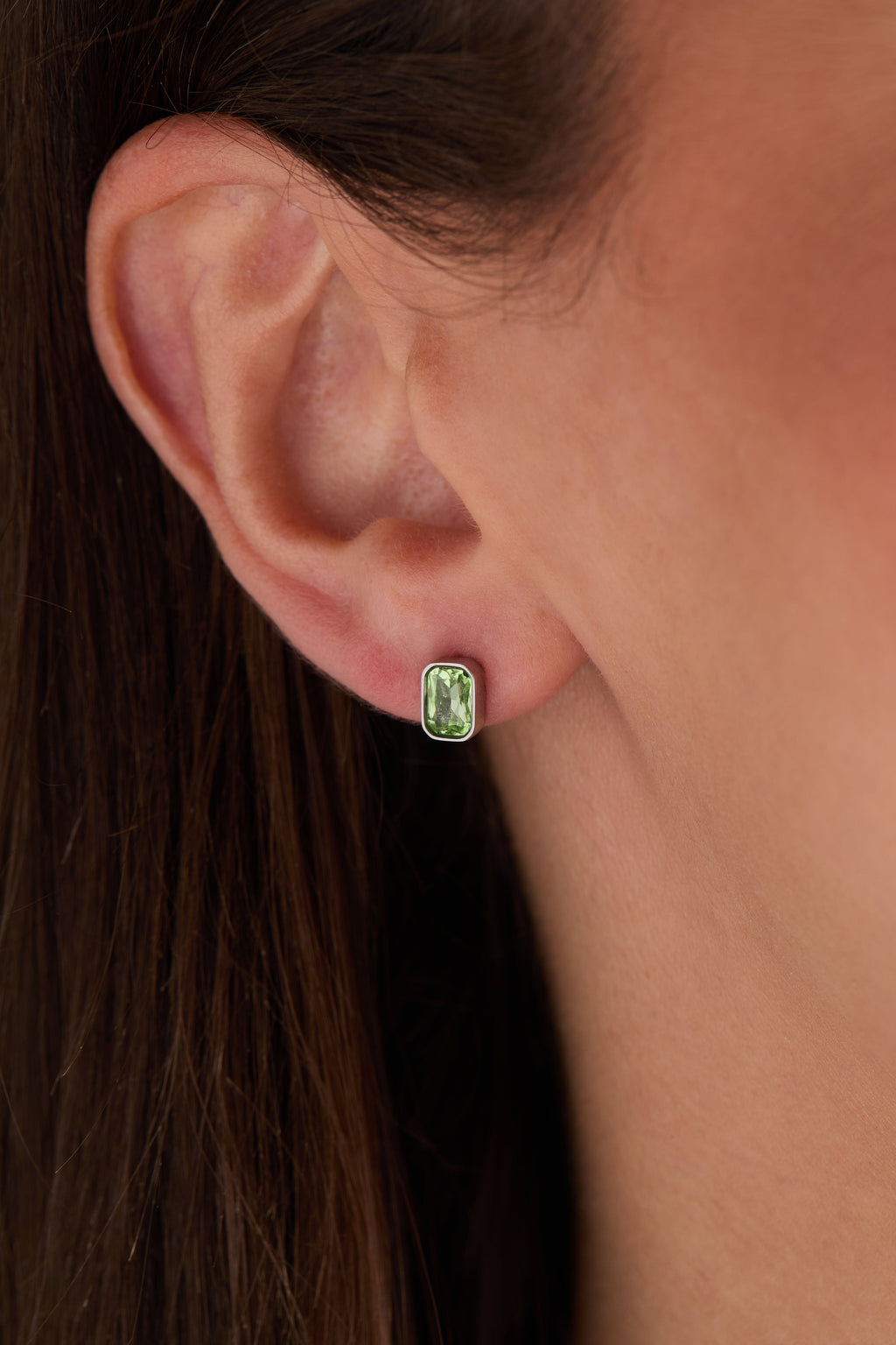 August Birthstone Stud Earrings with Emerald-Cut Peridot Crystal