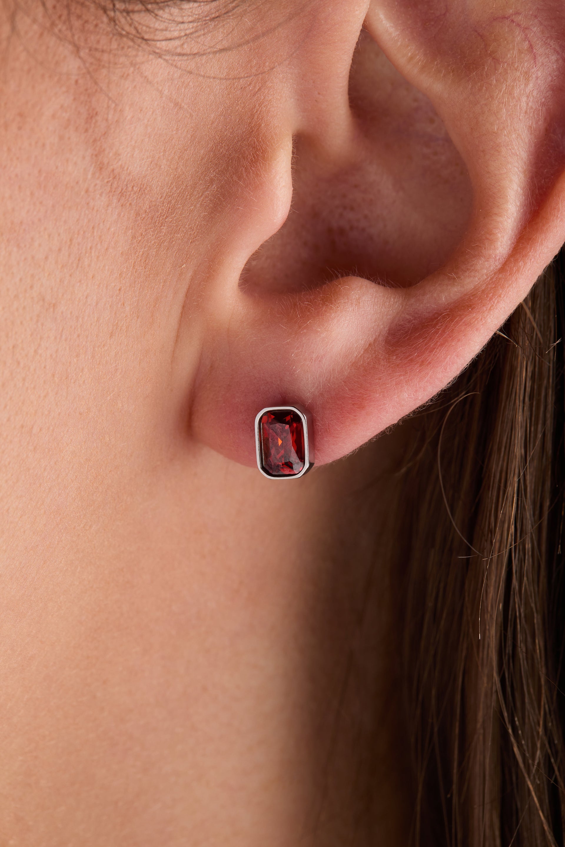 January Birthstone Stud Earrings with Emerald-Cut Siam Red Crystal