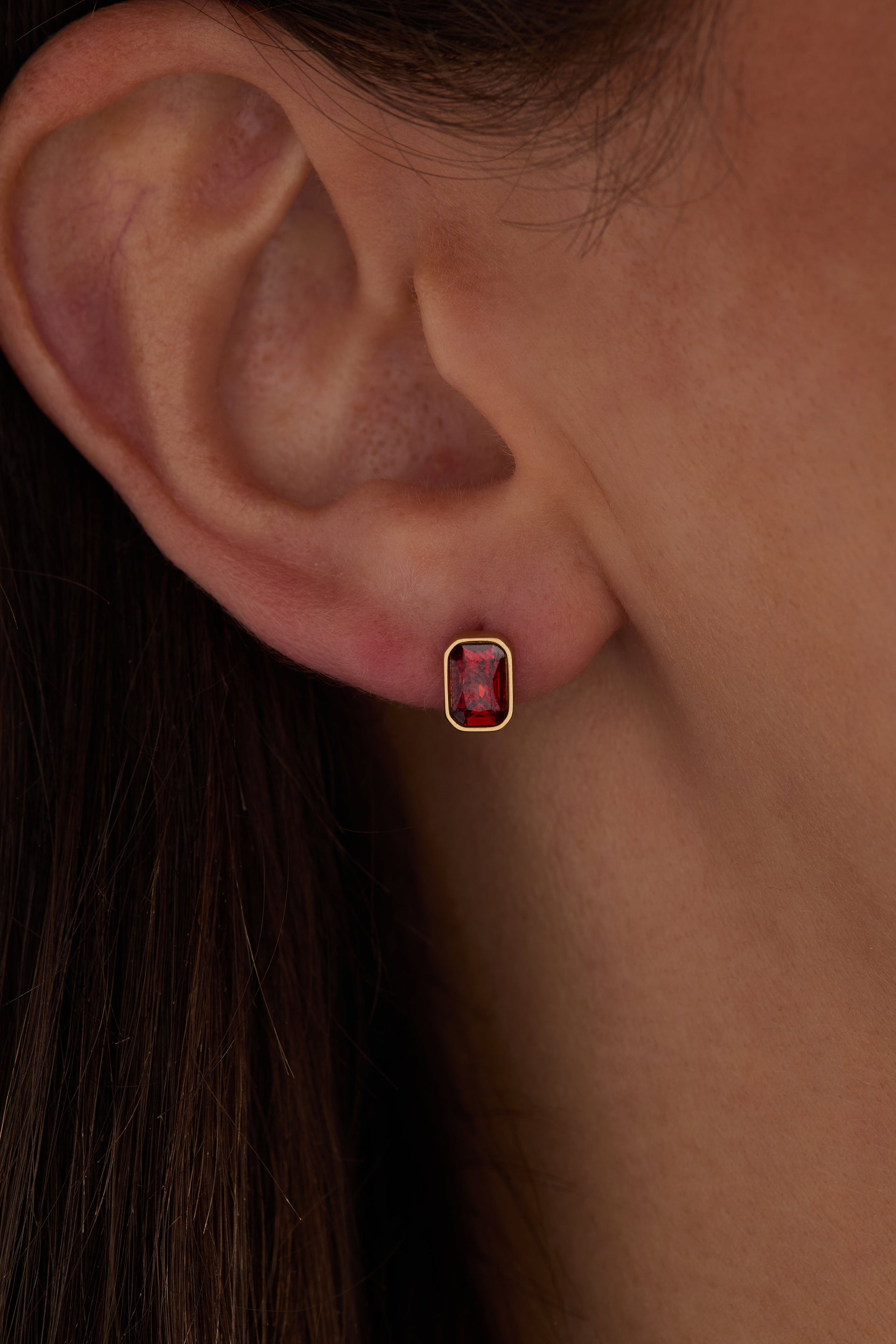 January Birthstone Stud Earrings with Emerald-Cut Siam Red Crystal