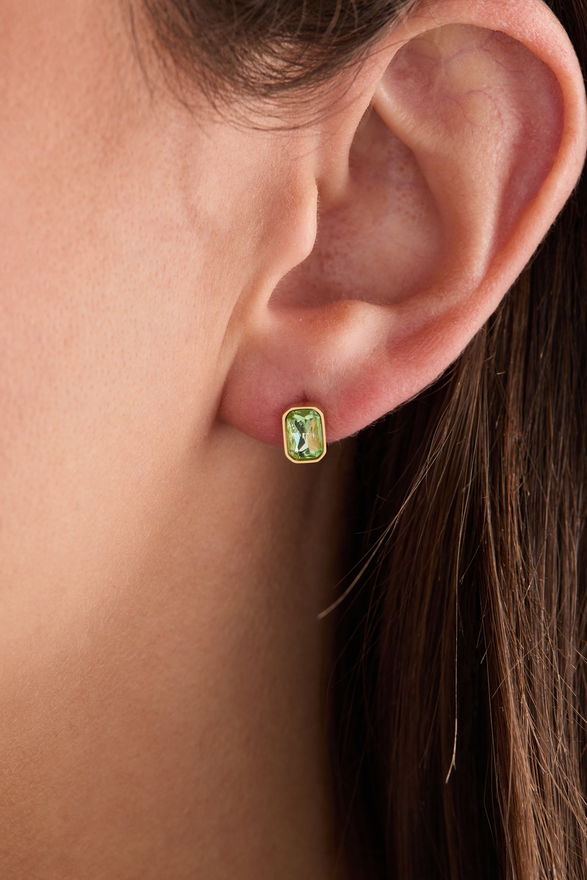 August Birthstone Stud Earrings with Emerald-Cut Peridot Crystal