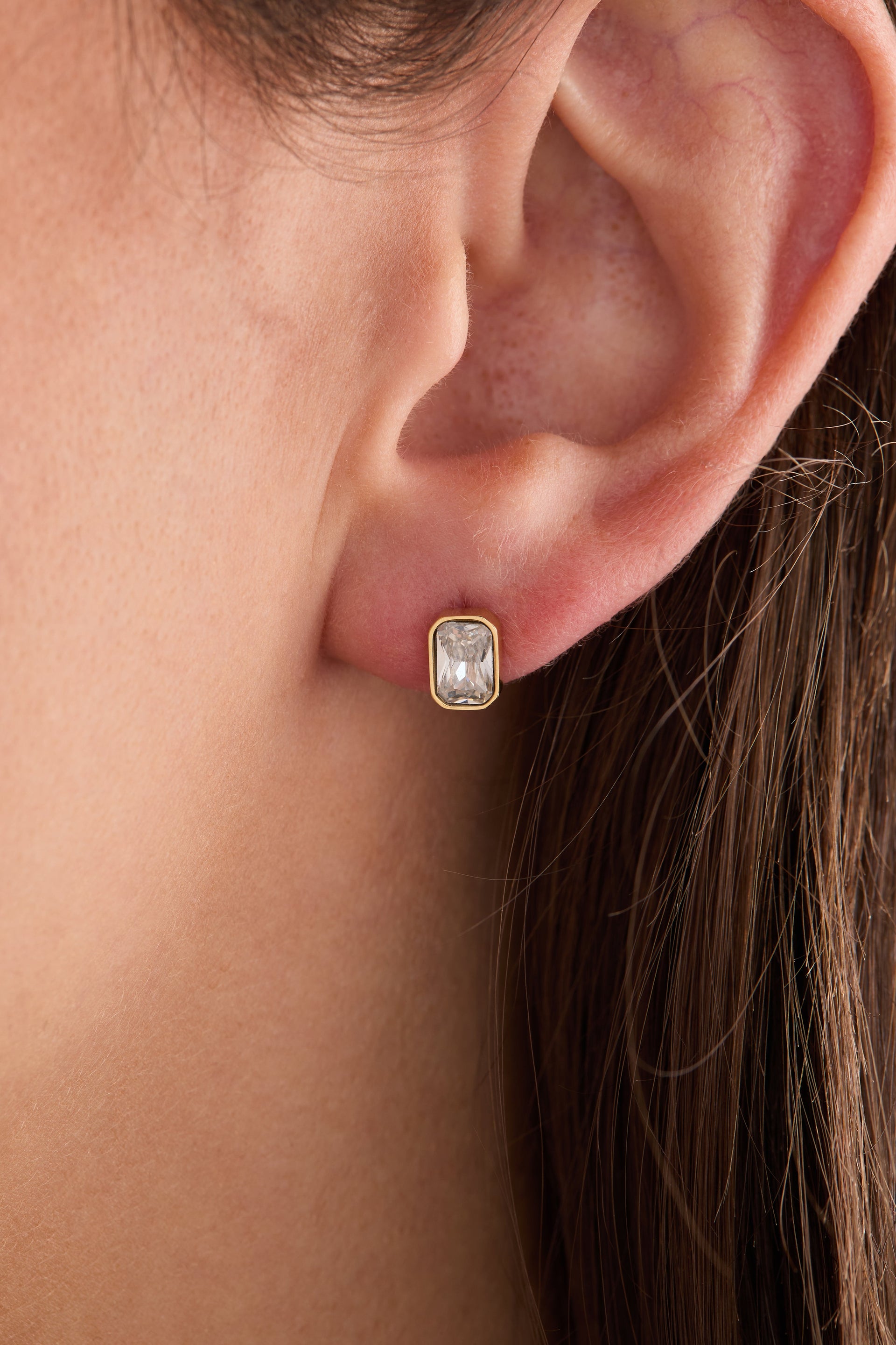 April Birthstone Stud Earrings, Emerald-Cut Clear Crystal
