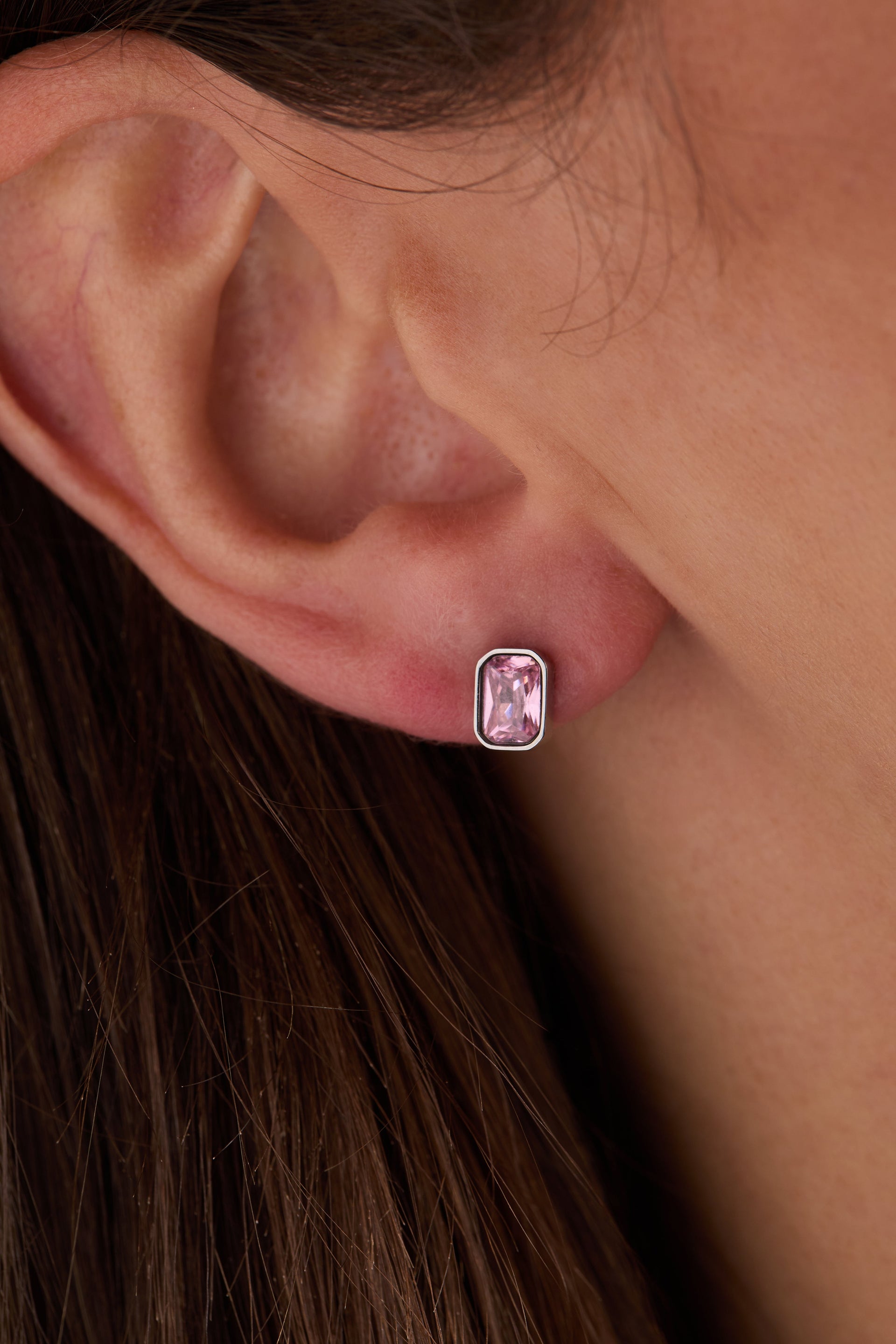 October Birthstone Stud Earrings, Emerald-Cut Rose Stone