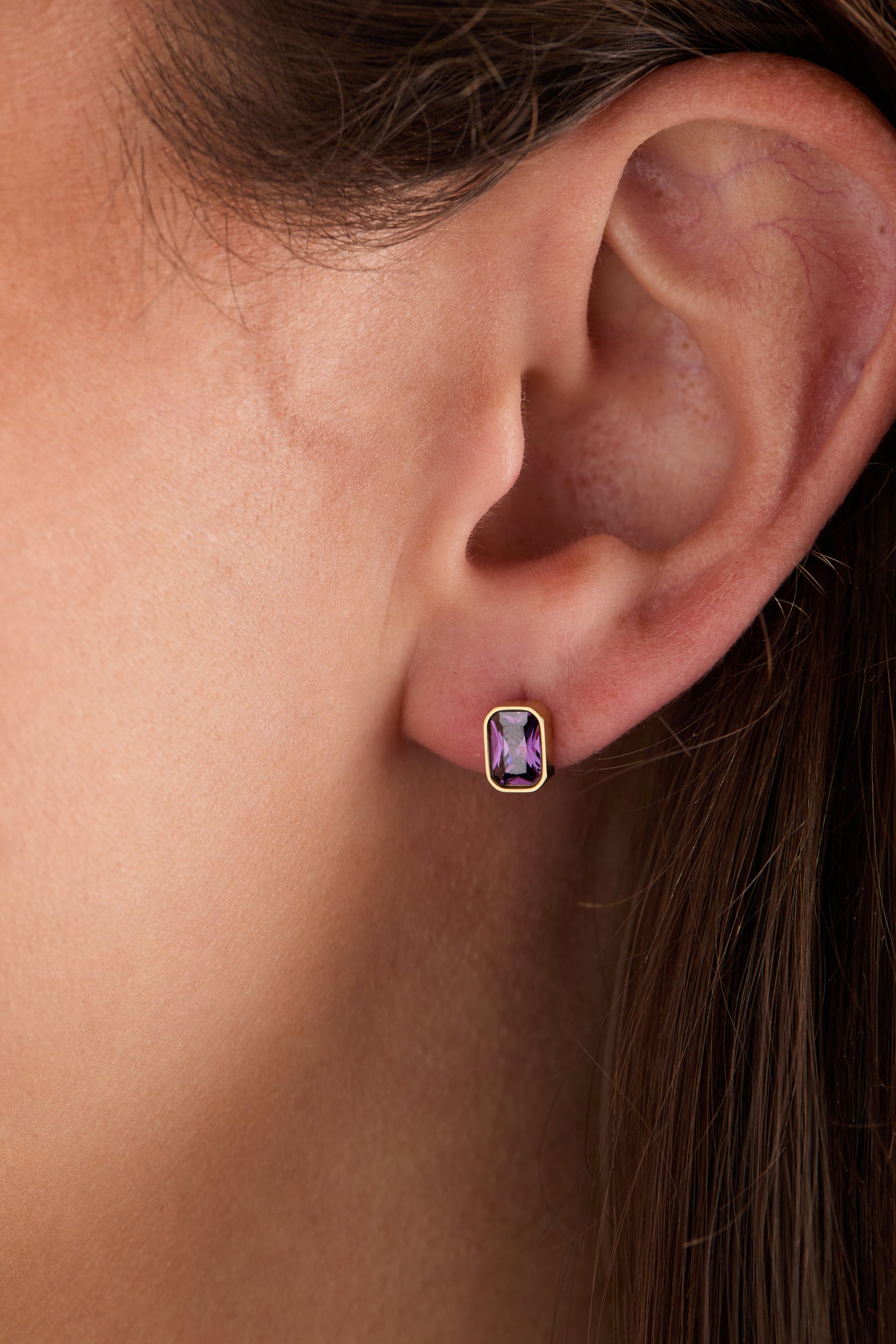February Amethyst Emerald-Cut Birthstone Stud Earrings