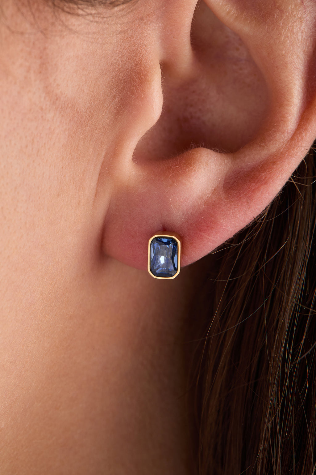 September Birthstone Stud Earrings, Emerald-Cut Sapphire Glass
