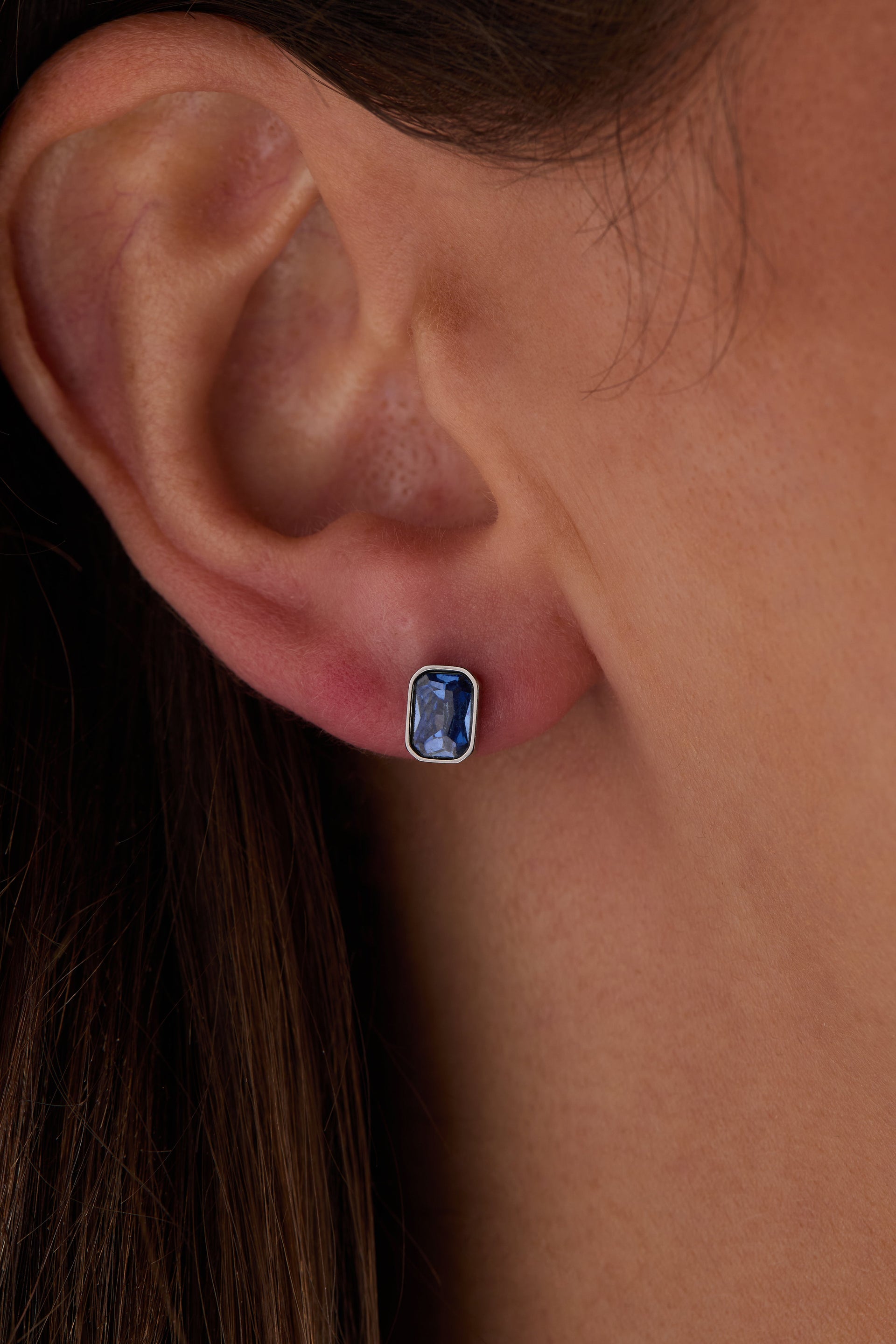 September Birthstone Stud Earrings, Emerald-Cut Sapphire Glass