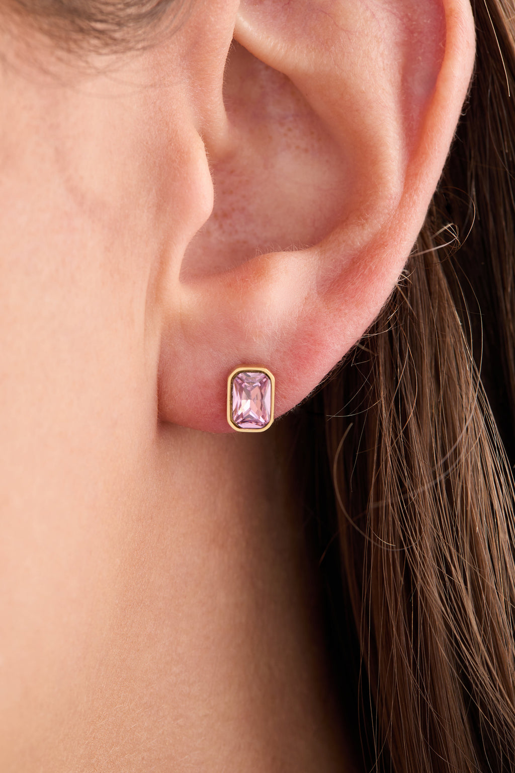 October Birthstone Stud Earrings, Emerald-Cut Rose Stone
