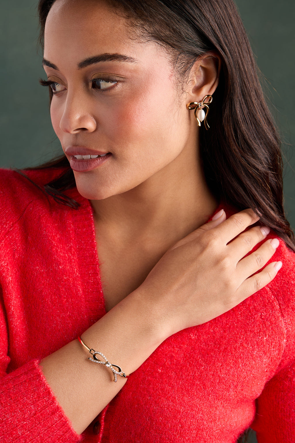 Gold-Plated Bow Pearl Bangle with Crystal Accent