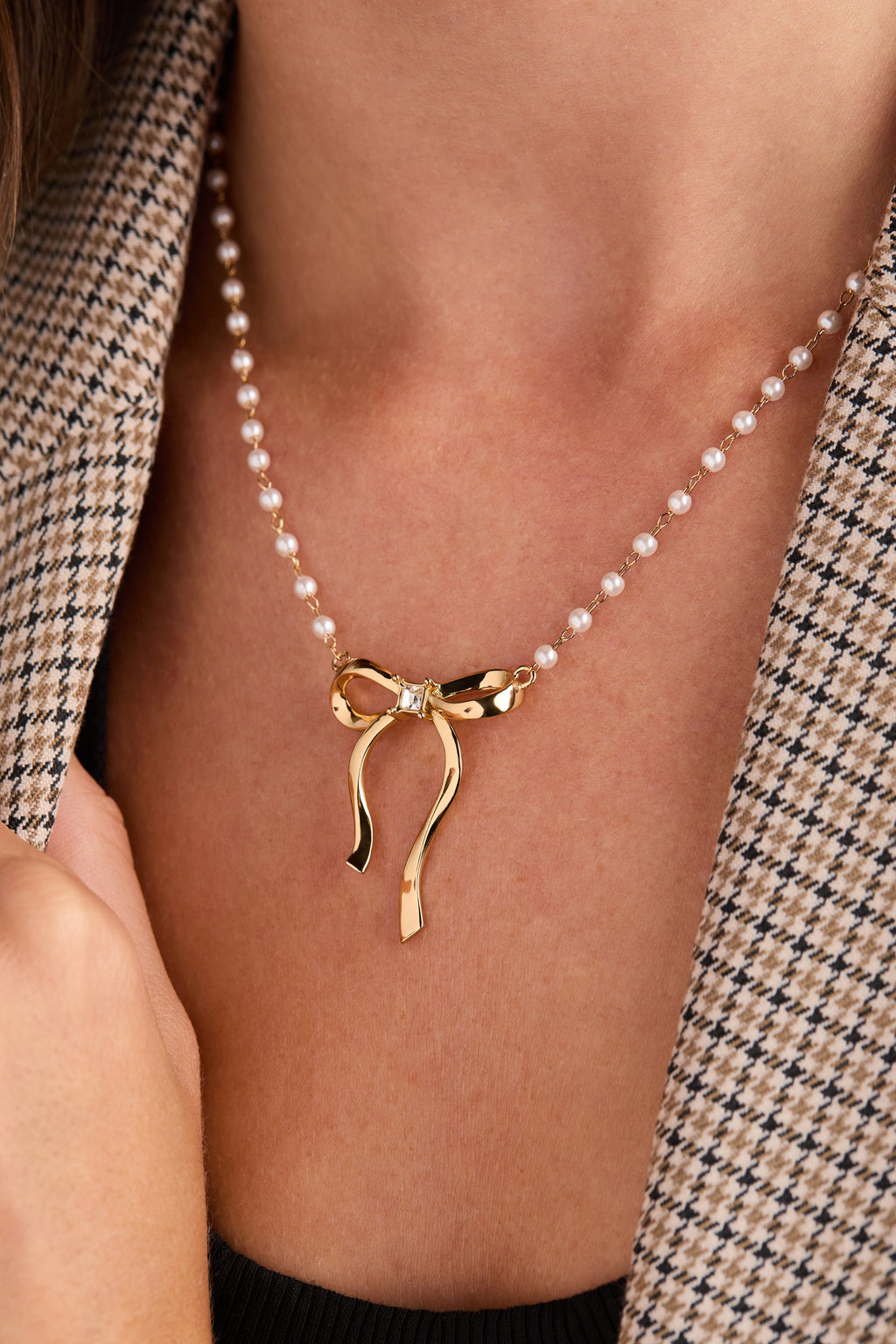 Bow Pearl Coquette Necklace with Crystal Centerpiece