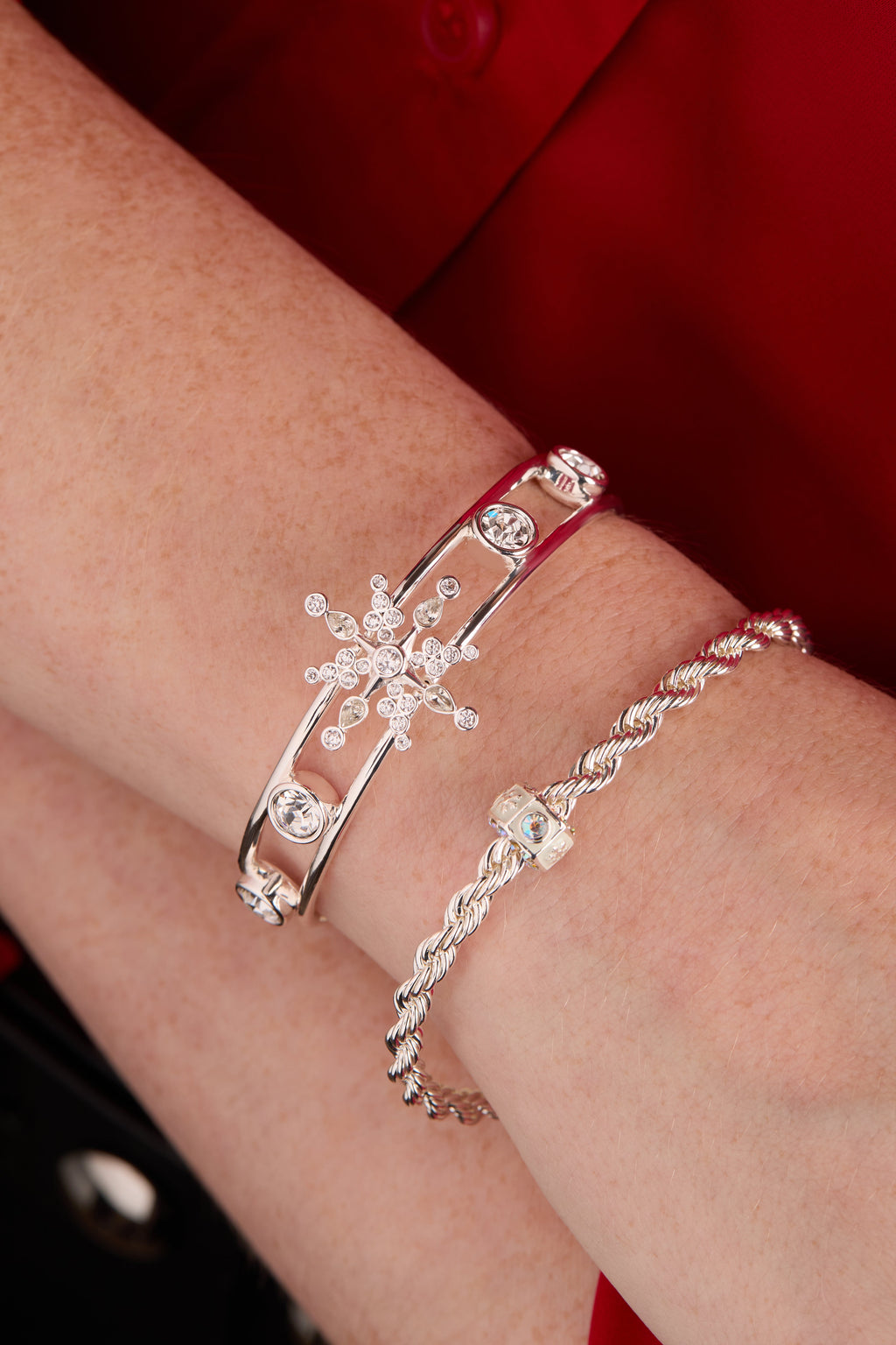 Crystal Snowflake Openwork Cuff Bracelet in Silver