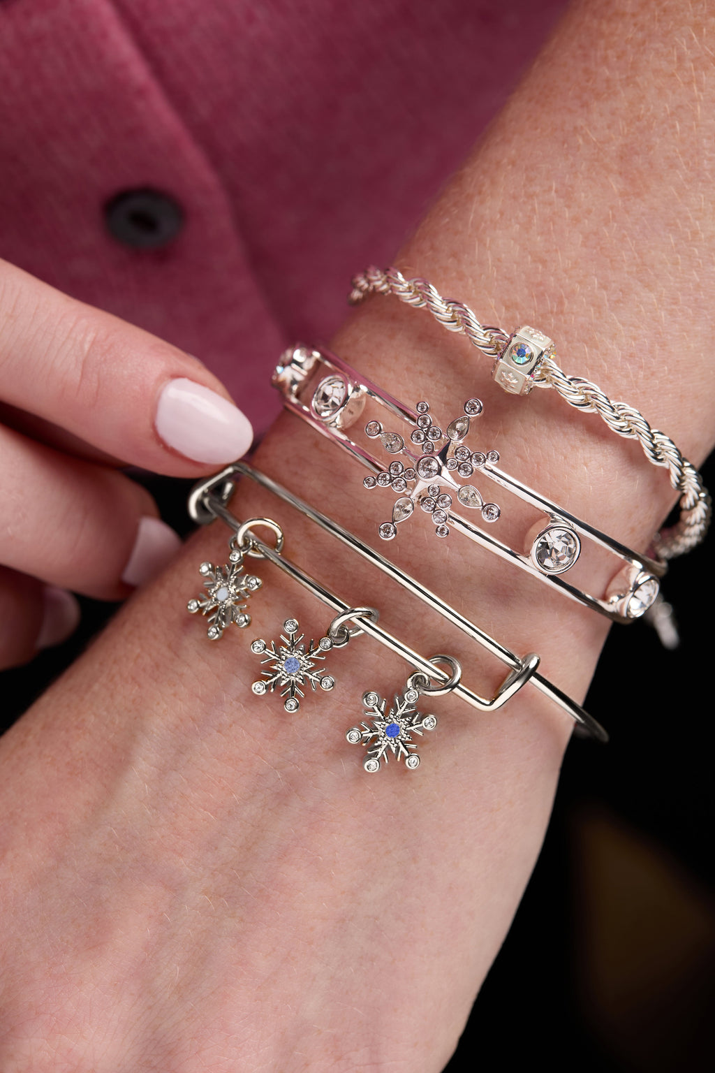 Crystal Snowflake Openwork Cuff Bracelet in Silver