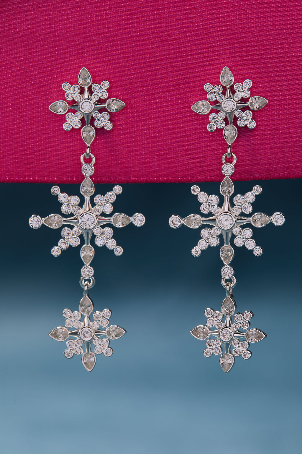 Crystal Snowflake Linear Drop Earrings in Silver and Clear