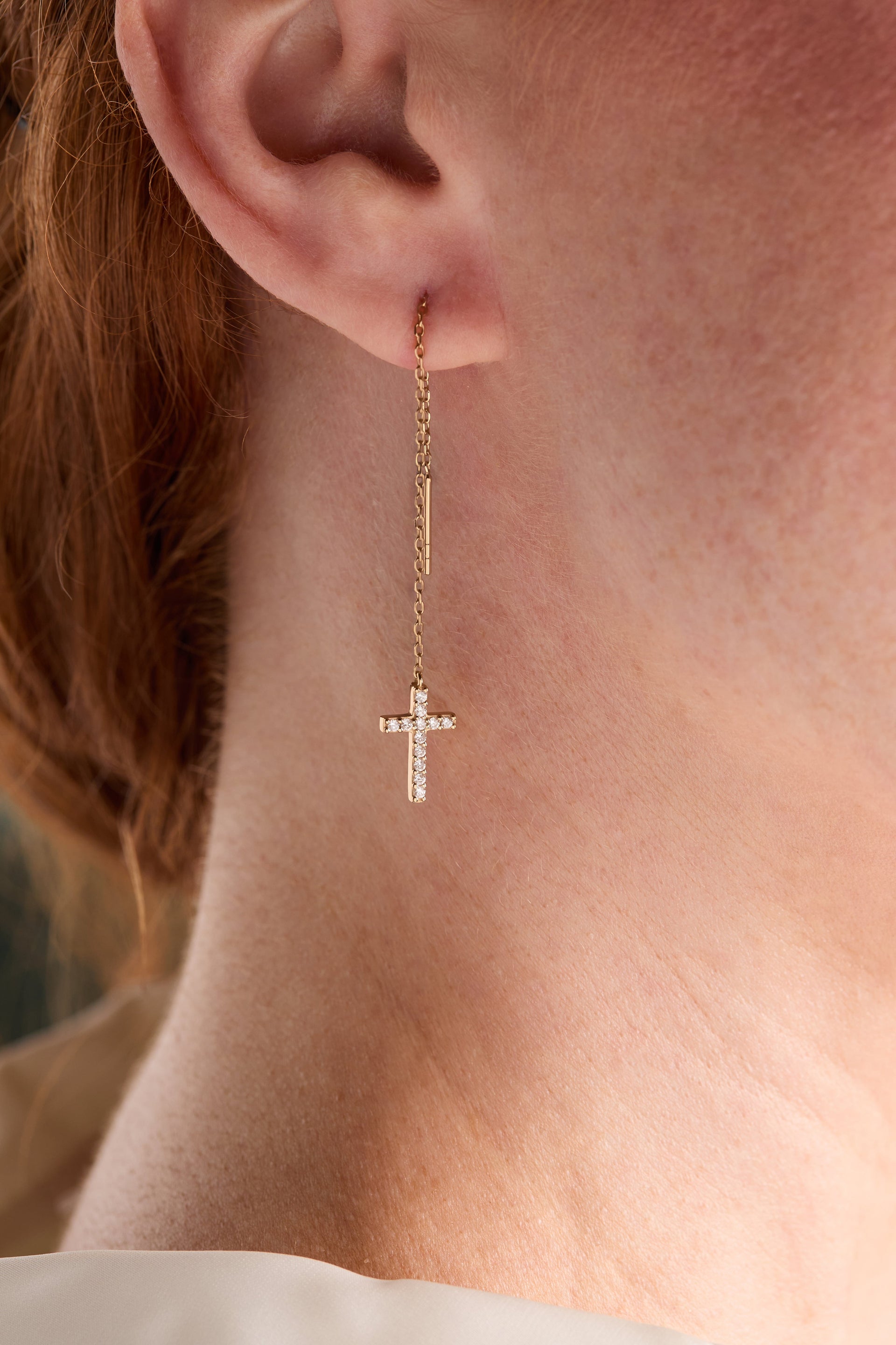 Cross Delicate Pave Crystal Threader Earrings in Gold Plated