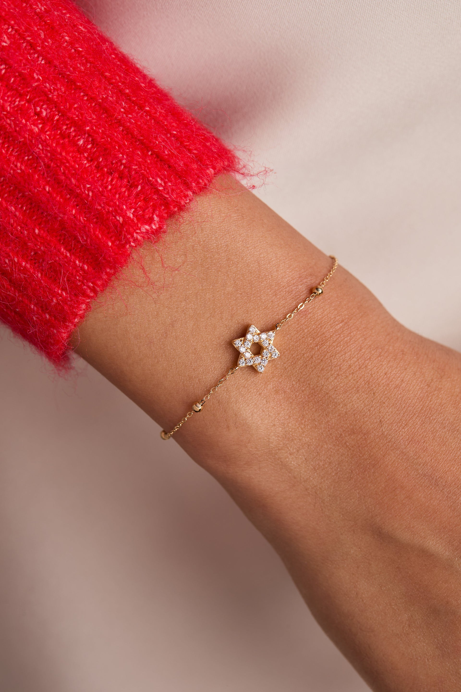 Star of David Pave Beaded Chain Bracelet - Delicate Gold Tone