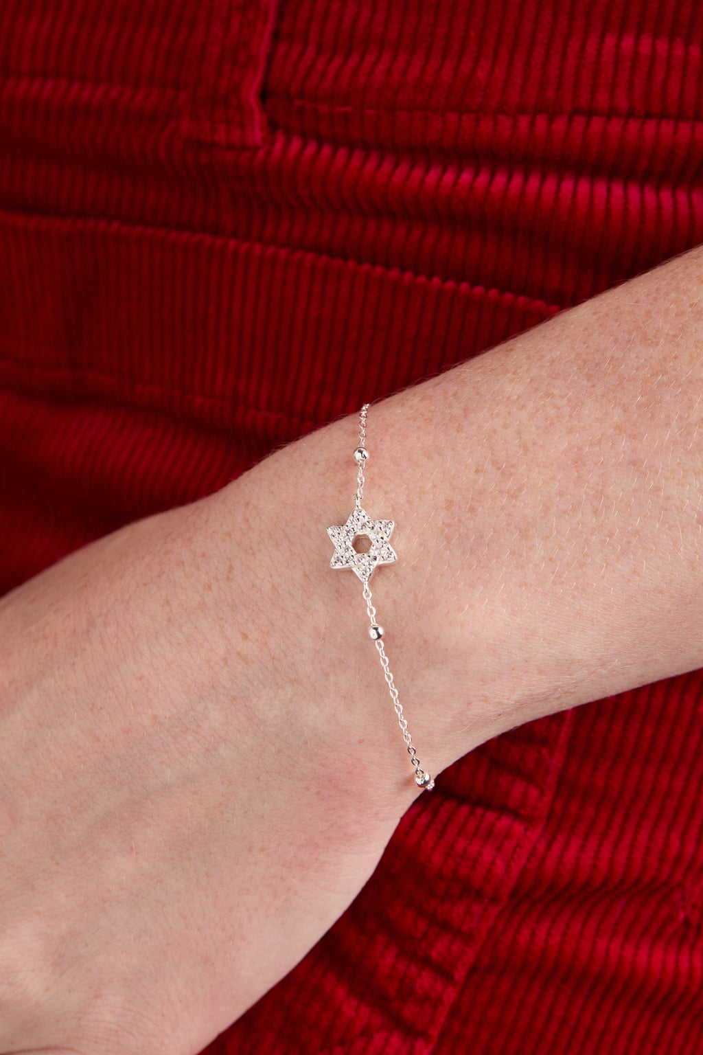 Star of David Pave Beaded Chain Bracelet - Delicate Gold Tone
