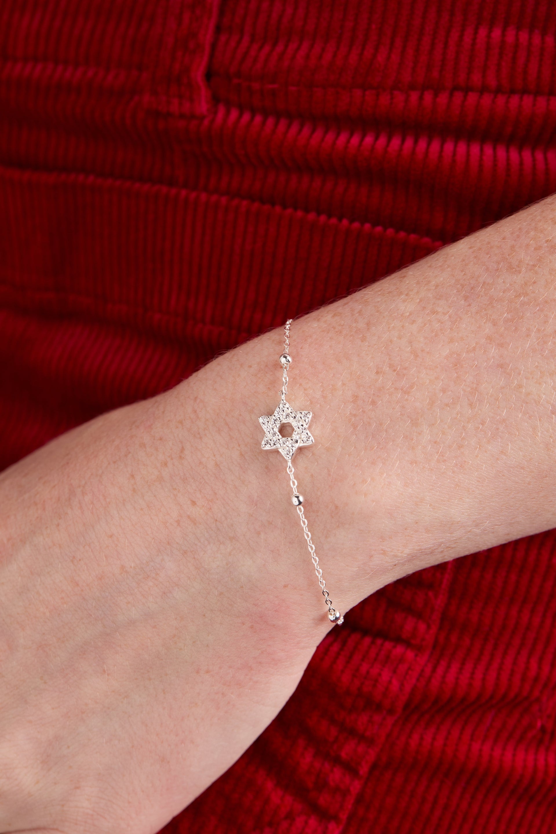 Star of David Pave Beaded Chain Bracelet - Delicate Gold Tone
