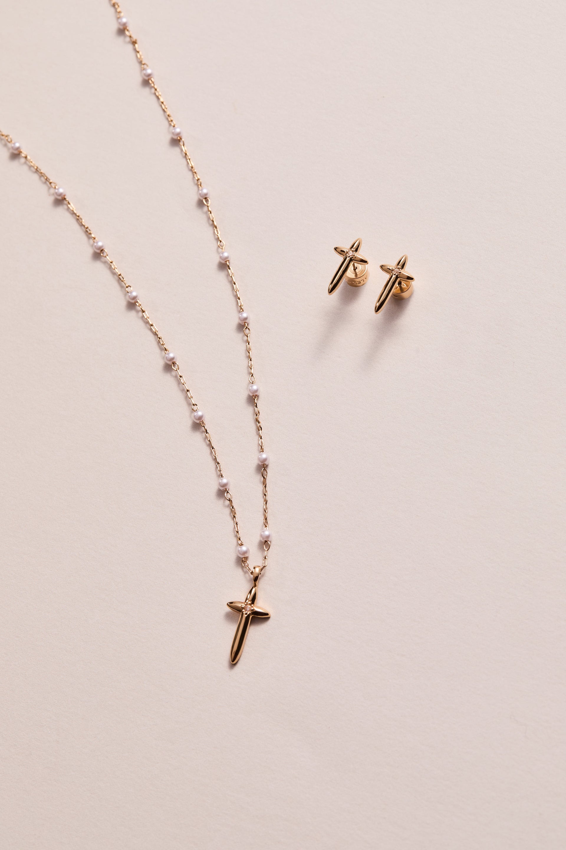 Cross 4:13 Pendant Necklace with Beaded White Pearl Rosary Chain