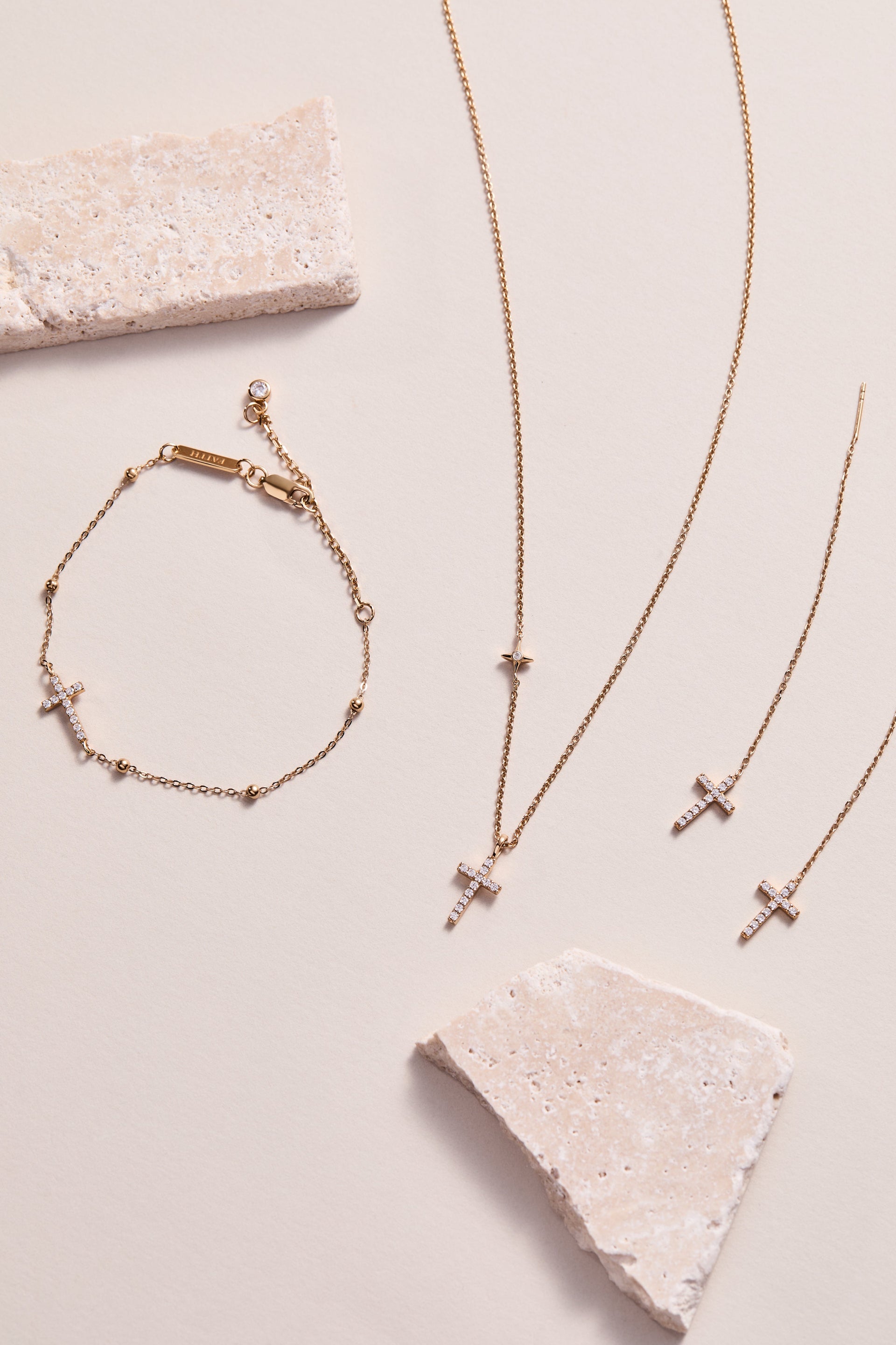 Cross Delicate Pave Crystal Threader Earrings in Gold Plated