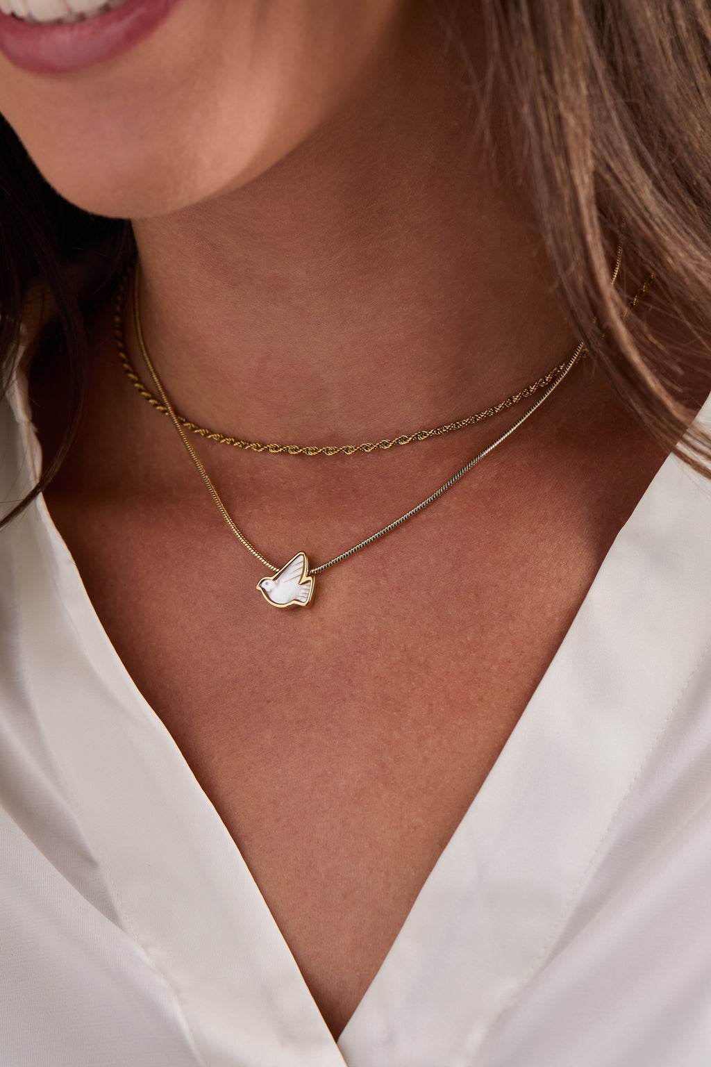 Pearlized Dove Peace Slider Necklace in Gold and White