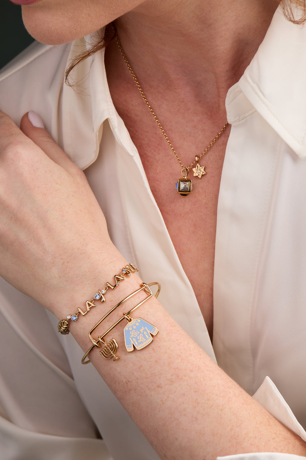 Gold-Plated Hanukkah Let's Get Lit Menorah Charm Bangle Bracelet
