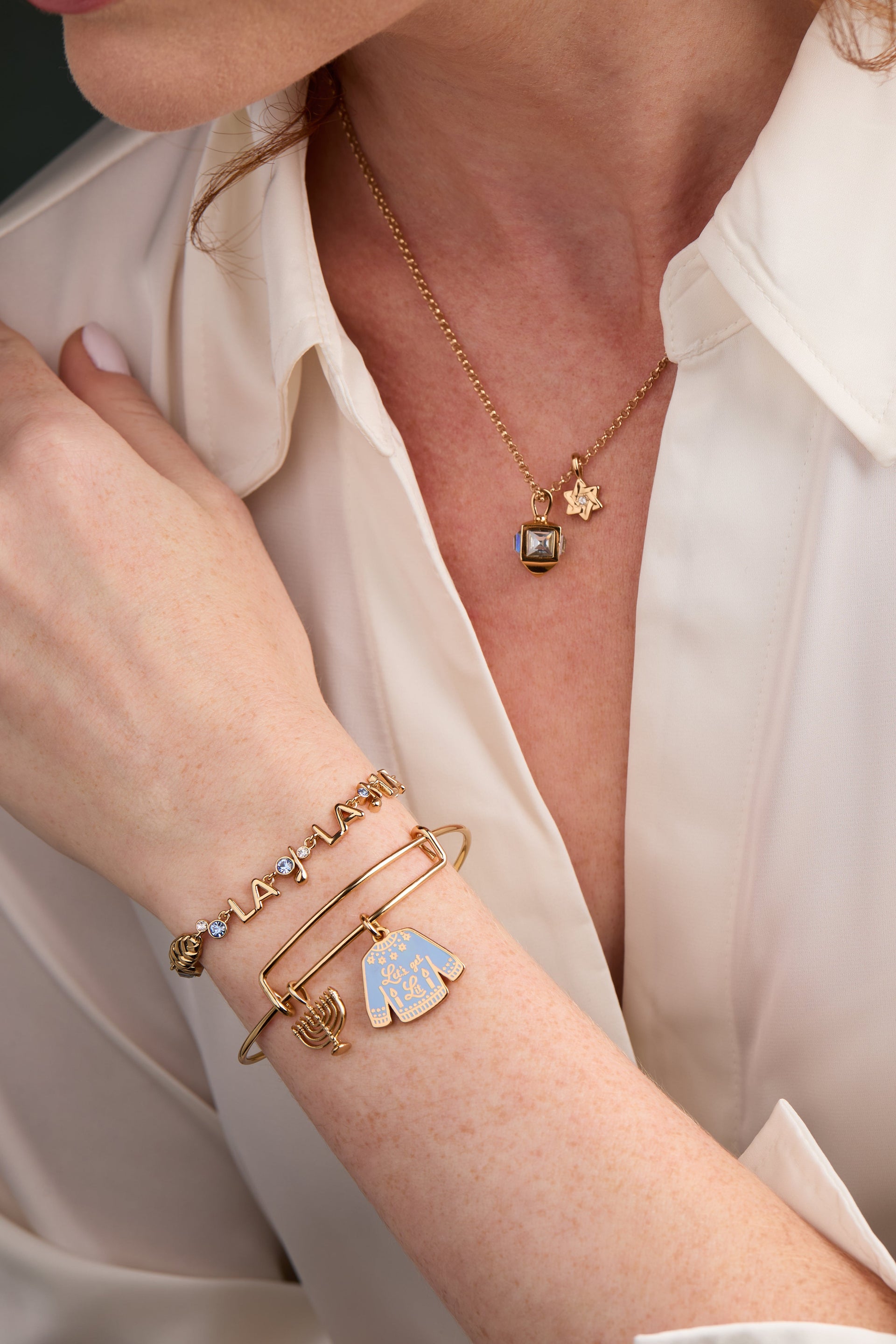 Gold-Plated Hanukkah Let's Get Lit Menorah Charm Bangle Bracelet