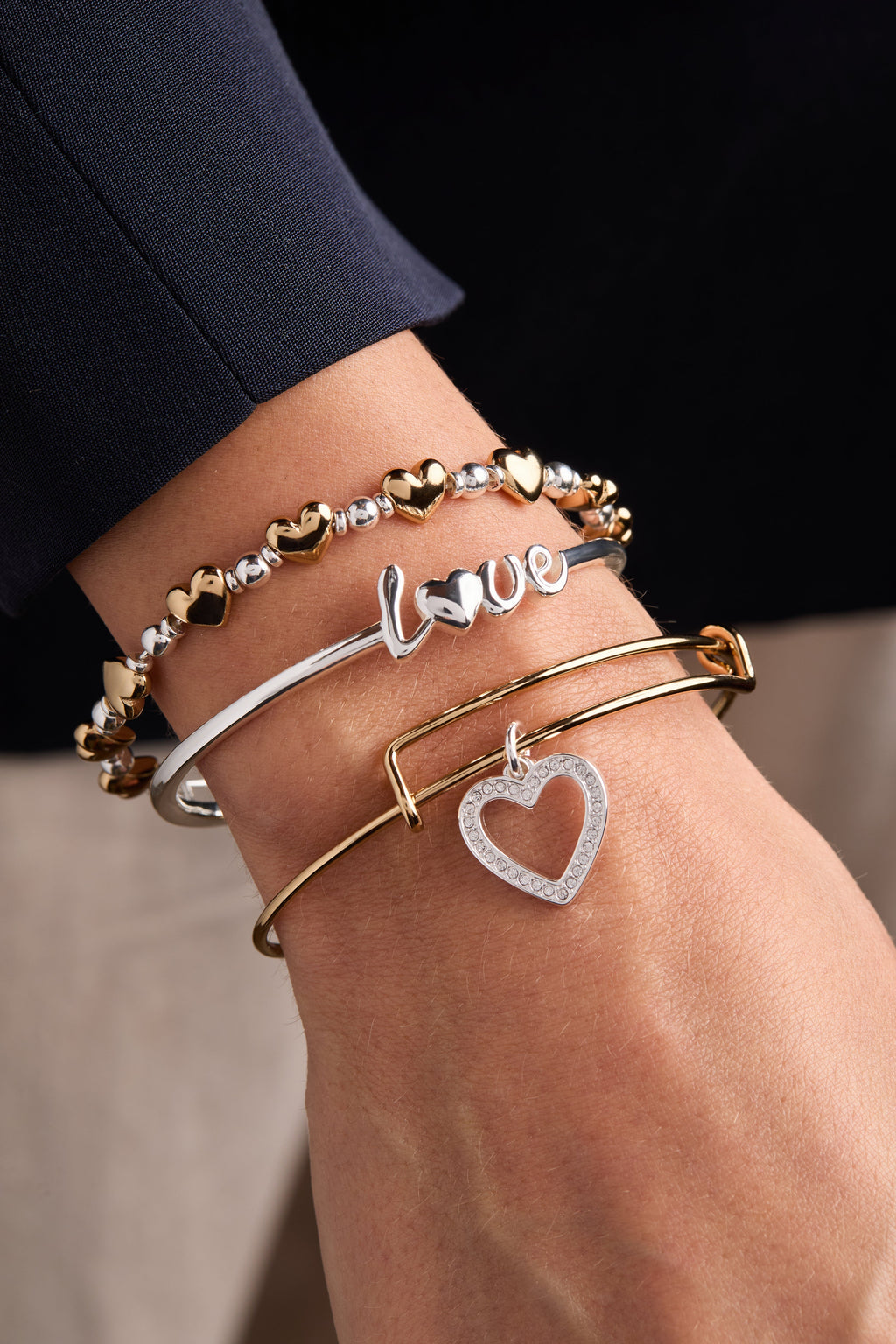 Love Bracelet Set of 3 with Heart Charms and Crystal Accents