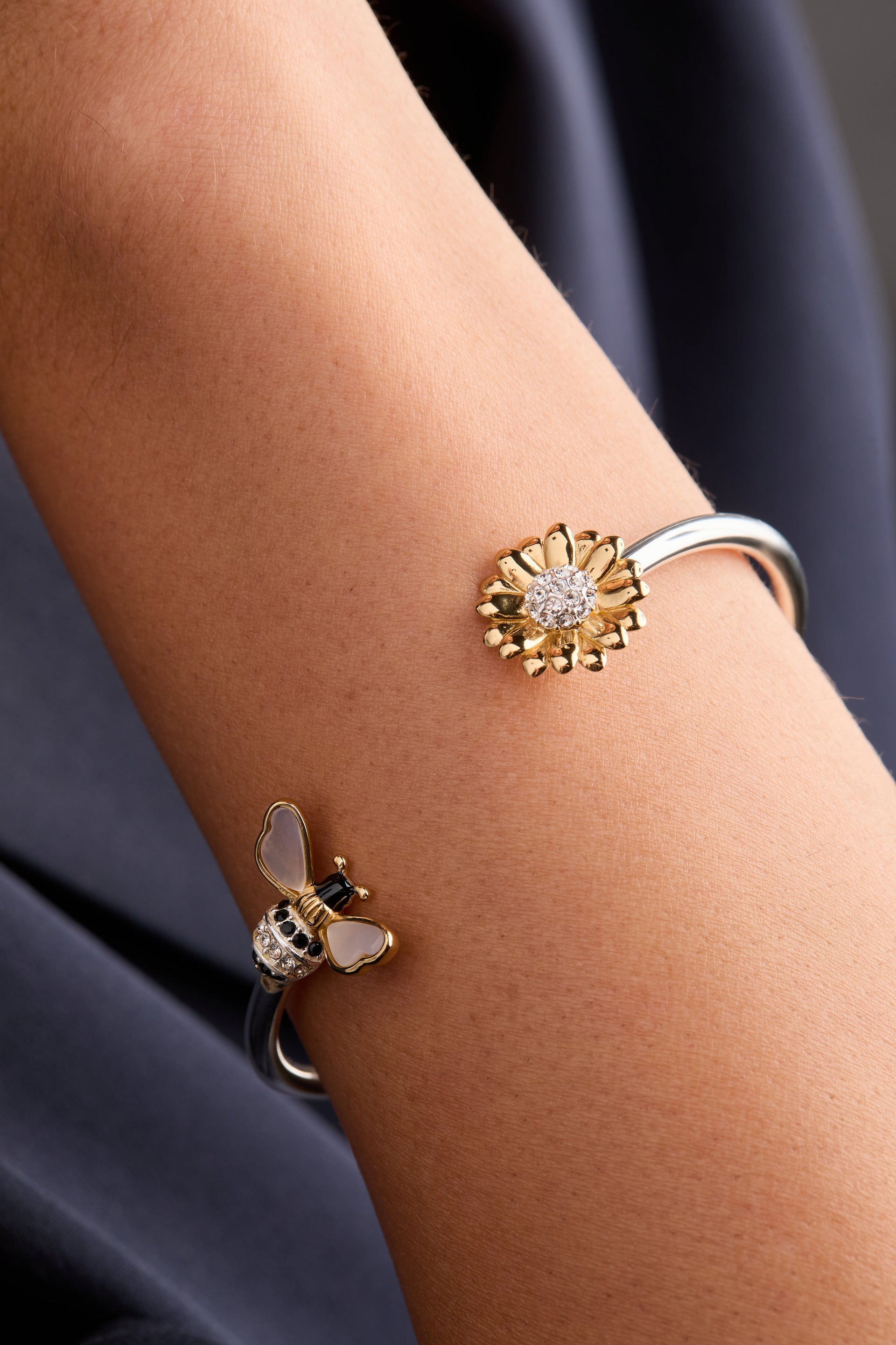 Sunflower & Bee Flex Cuff Bracelet with Crystal Details