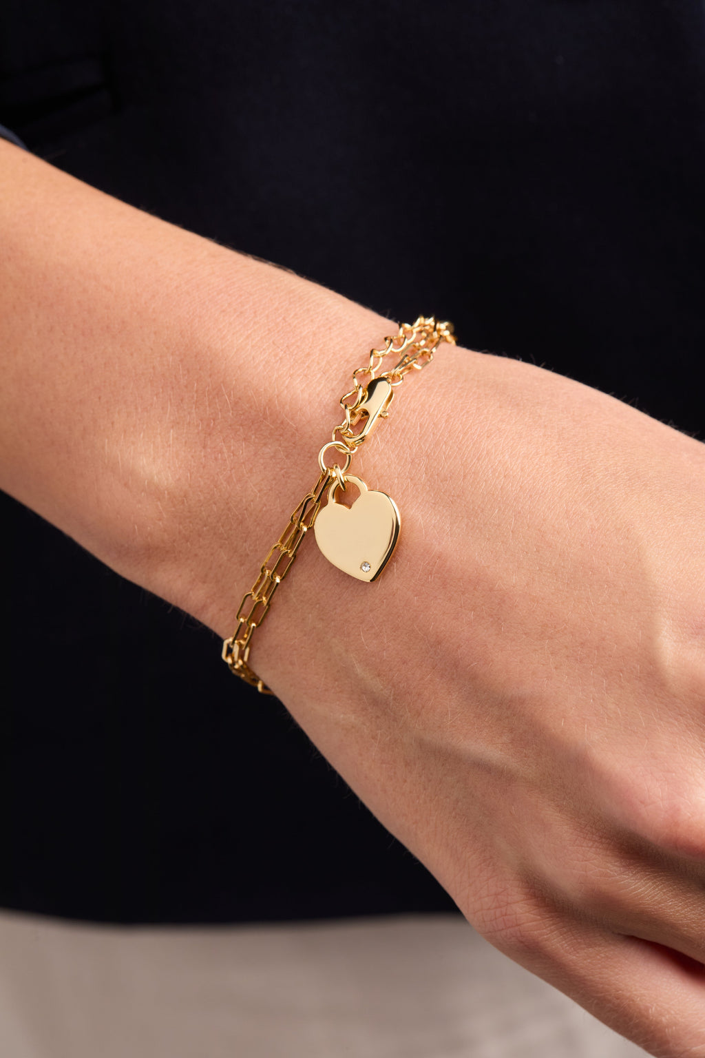 Heart Charm Double Paperclip Chain Bracelet in Gold, Silver, Rose-Gold