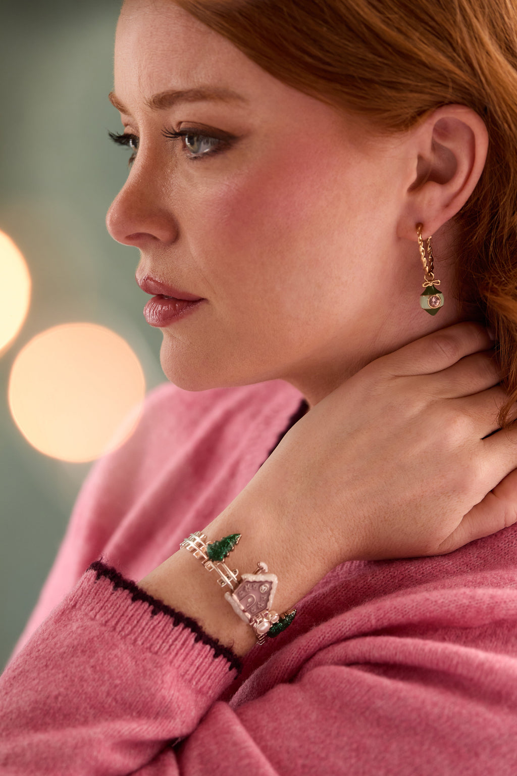 Crystal Bow & Ornament Twisted Hoop Earrings in Gold with Pink Accents