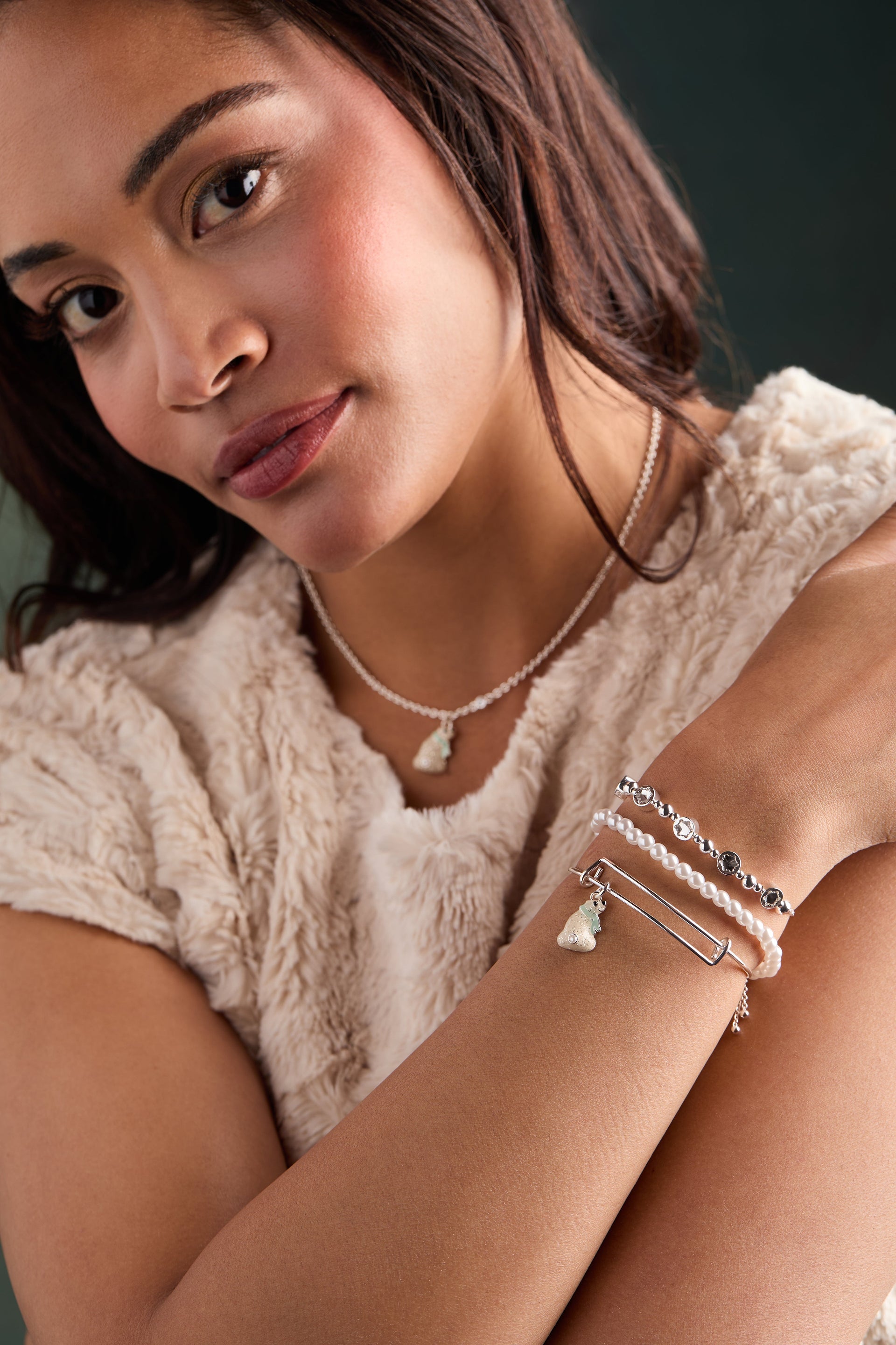 Lustrous Pearl Beaded Stretch Bracelet with Silver Star Charm