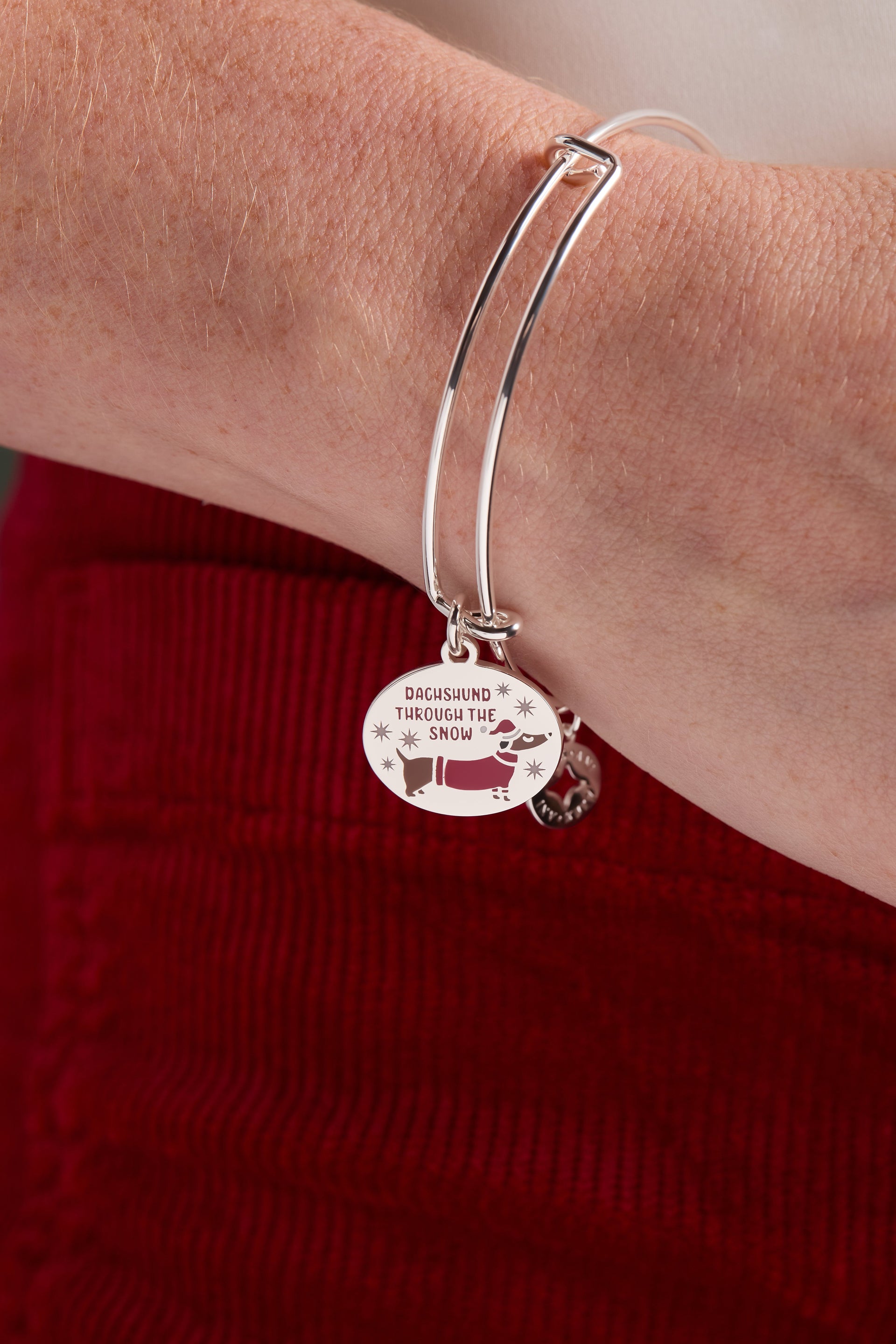 Dachshund Through The Snow Silver Tone Enamel Charm Bangle
