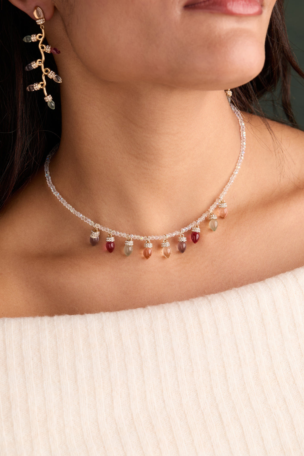 Christmas Muted Light Bulb Beaded Necklace with Crystal Accents