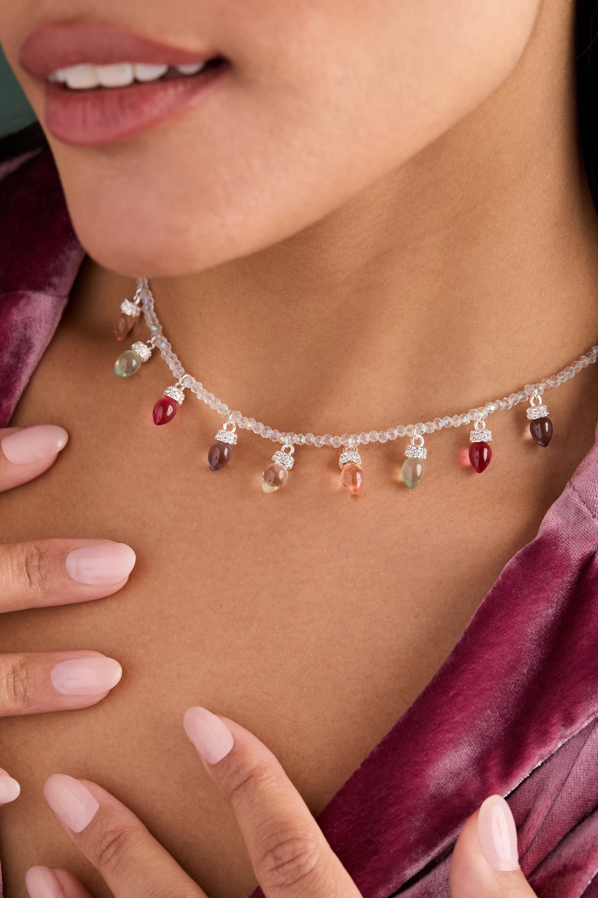Christmas Muted Light Bulb Beaded Necklace with Crystal Accents