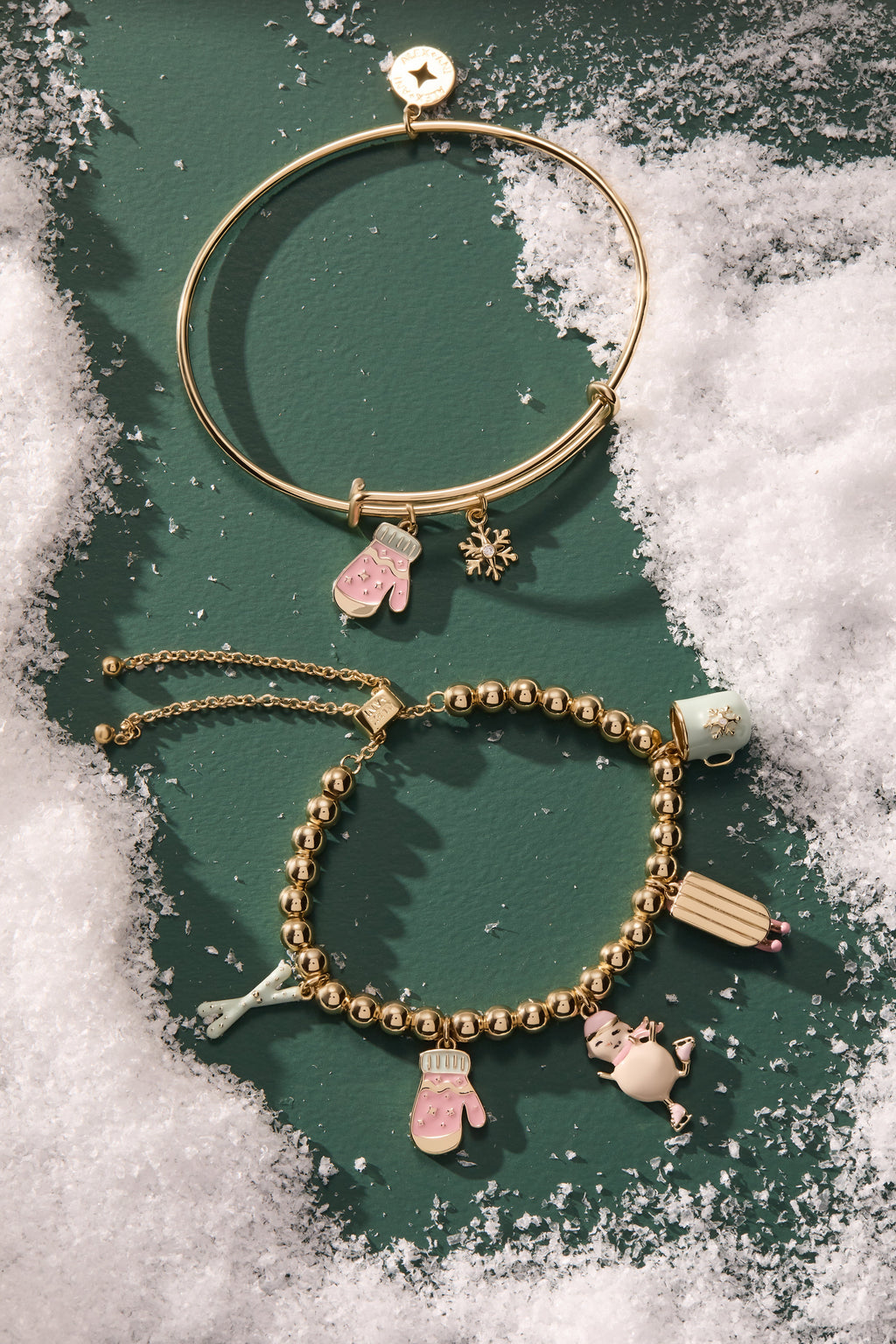 Gold Winter Wonderland Mitten and Snowflake Charm Bangle