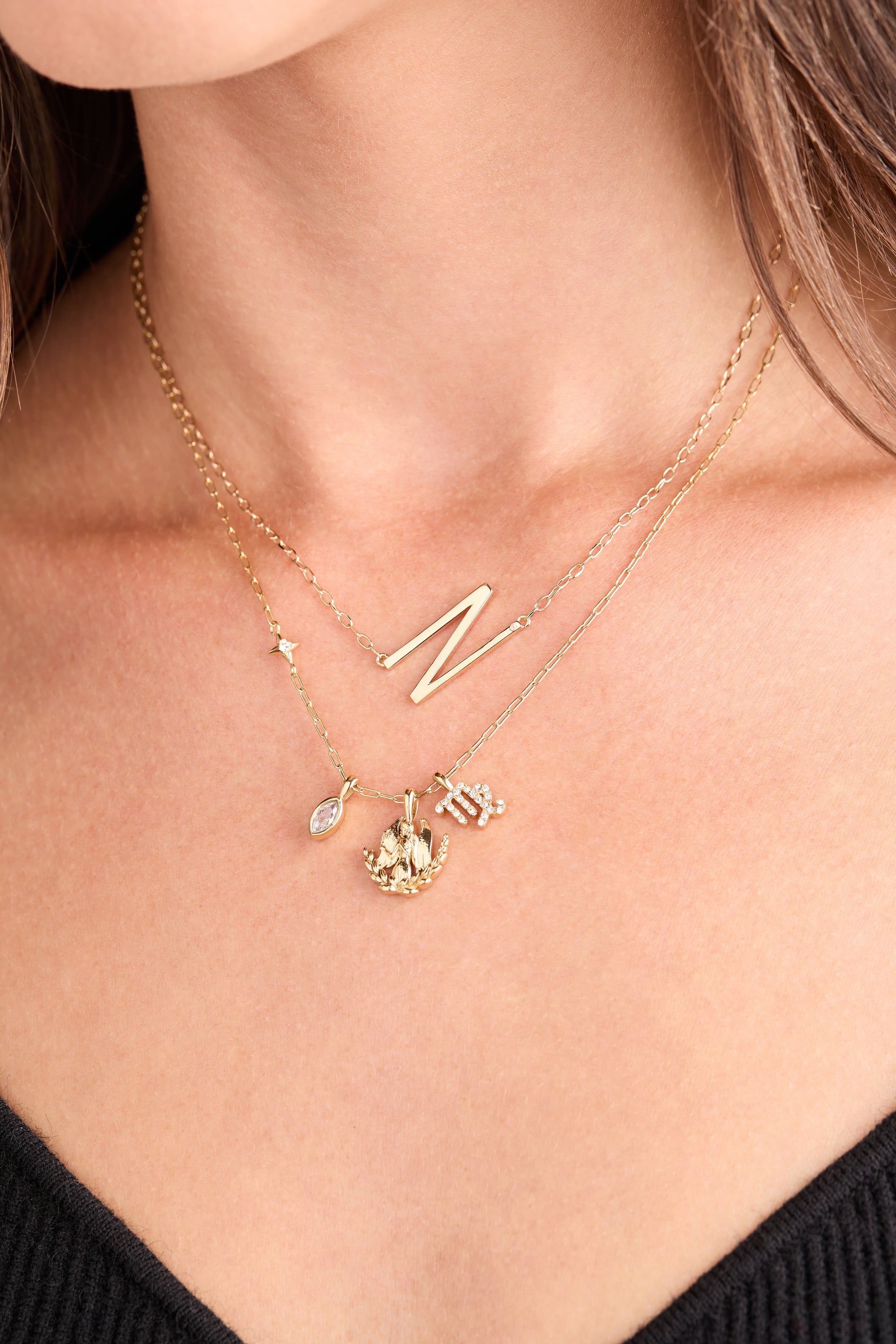 Virgo Zodiac Charm Cluster Necklace with Angel Motif