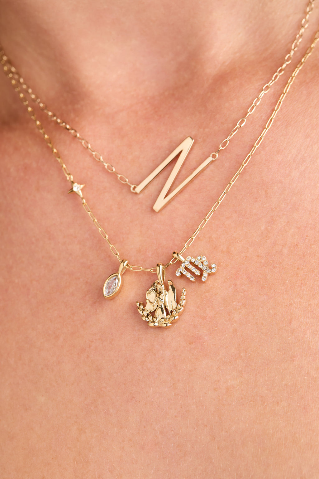 Virgo Zodiac Charm Cluster Necklace with Angel Motif