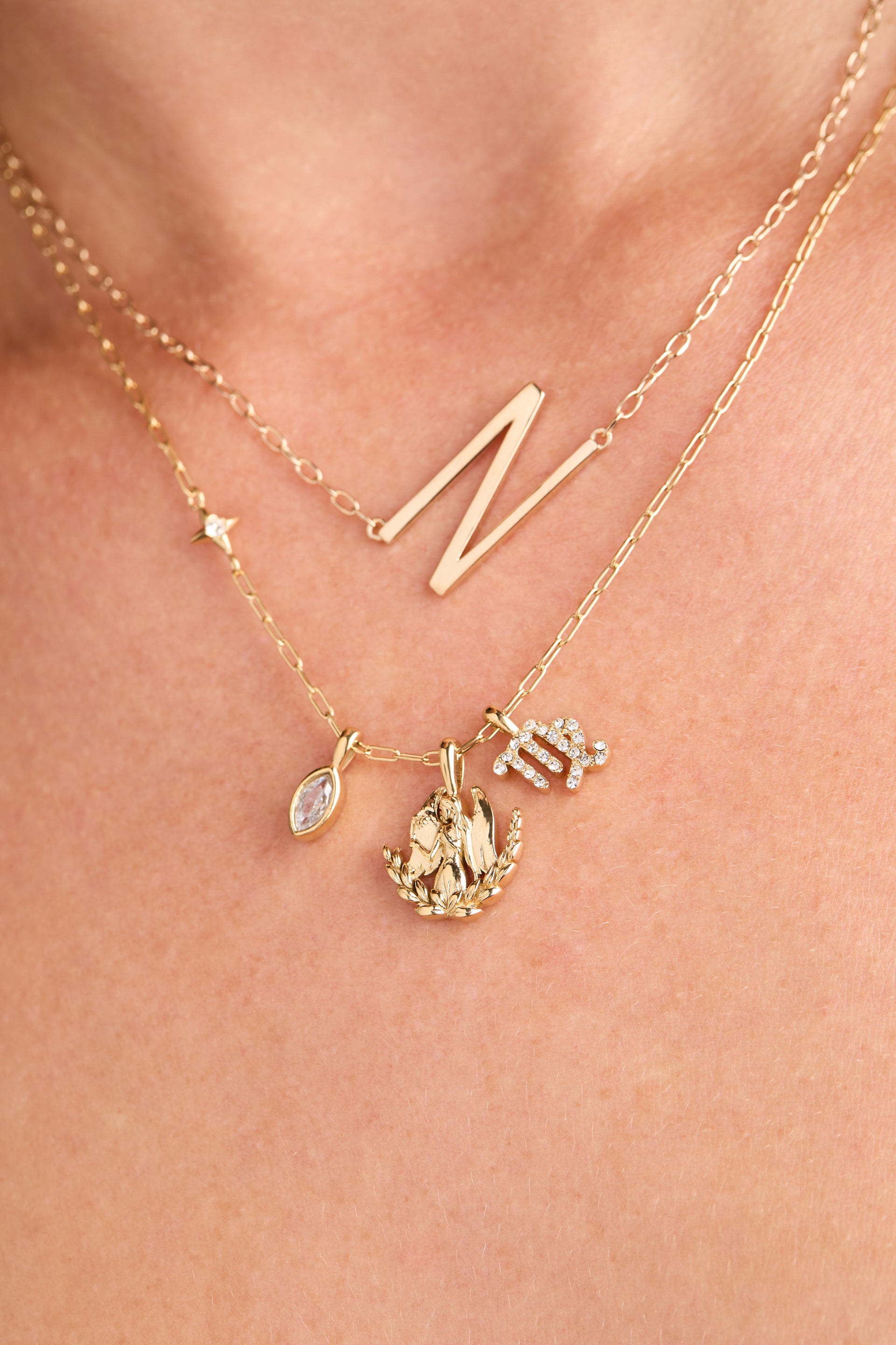 Virgo Zodiac Charm Cluster Necklace with Angel Motif