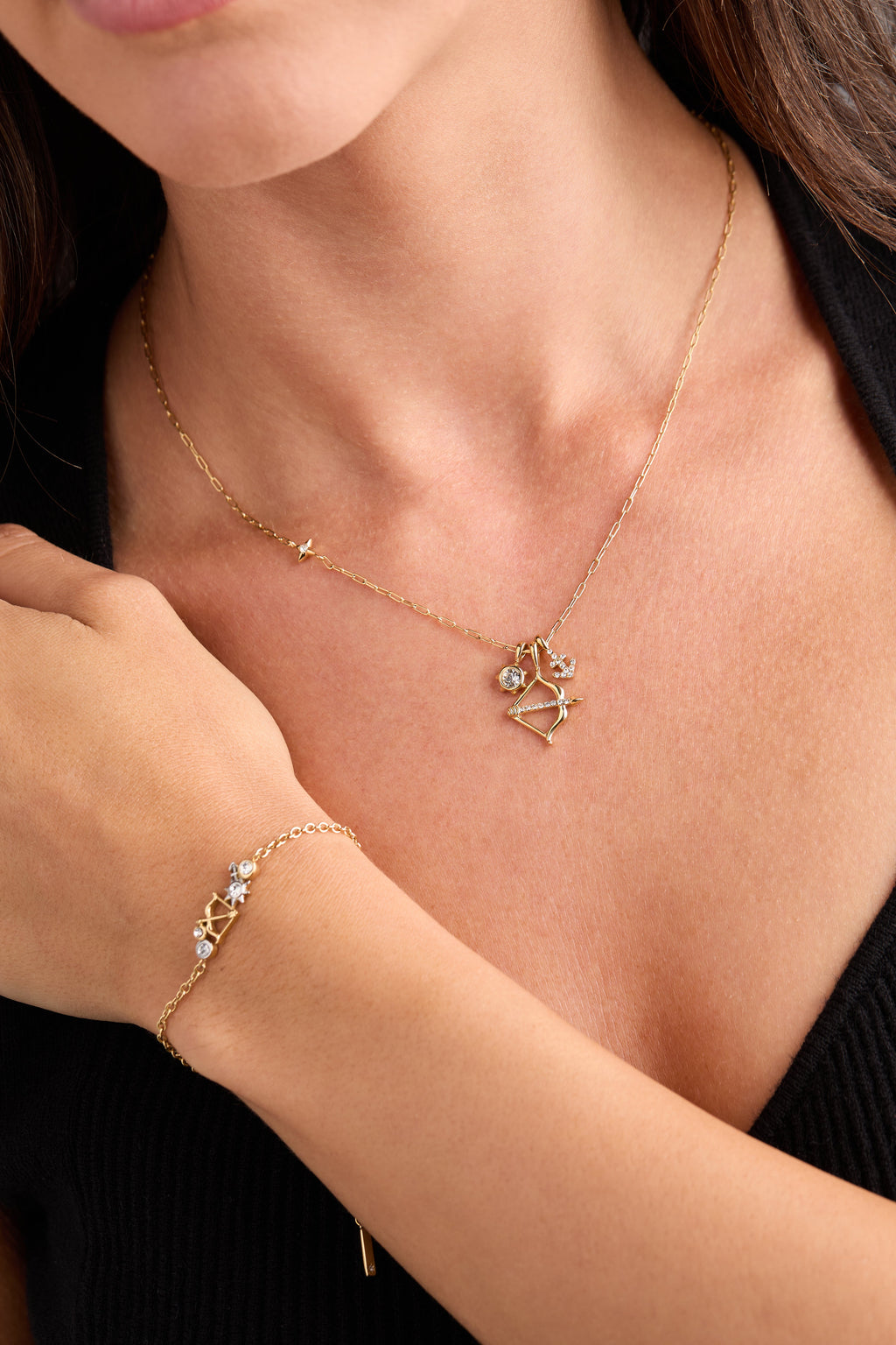 Sagittarius Zodiac Charm Cluster Necklace in Gold