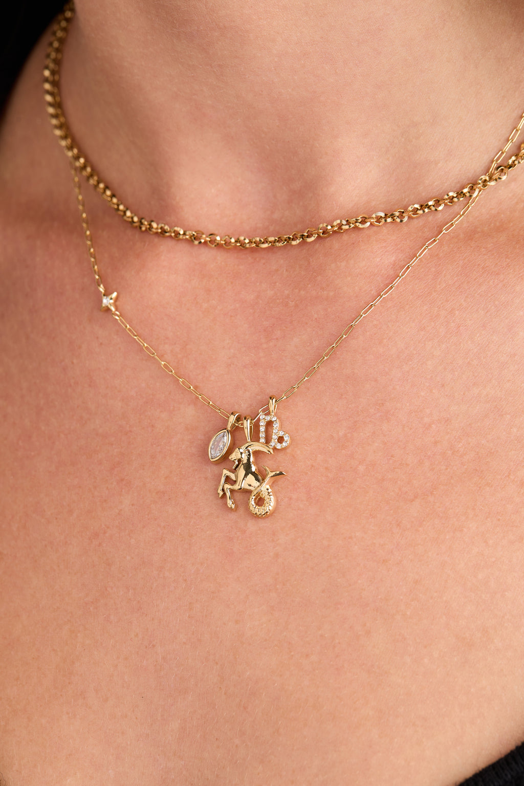Capricorn Zodiac Charm Cluster Necklace with Earth Element Motif