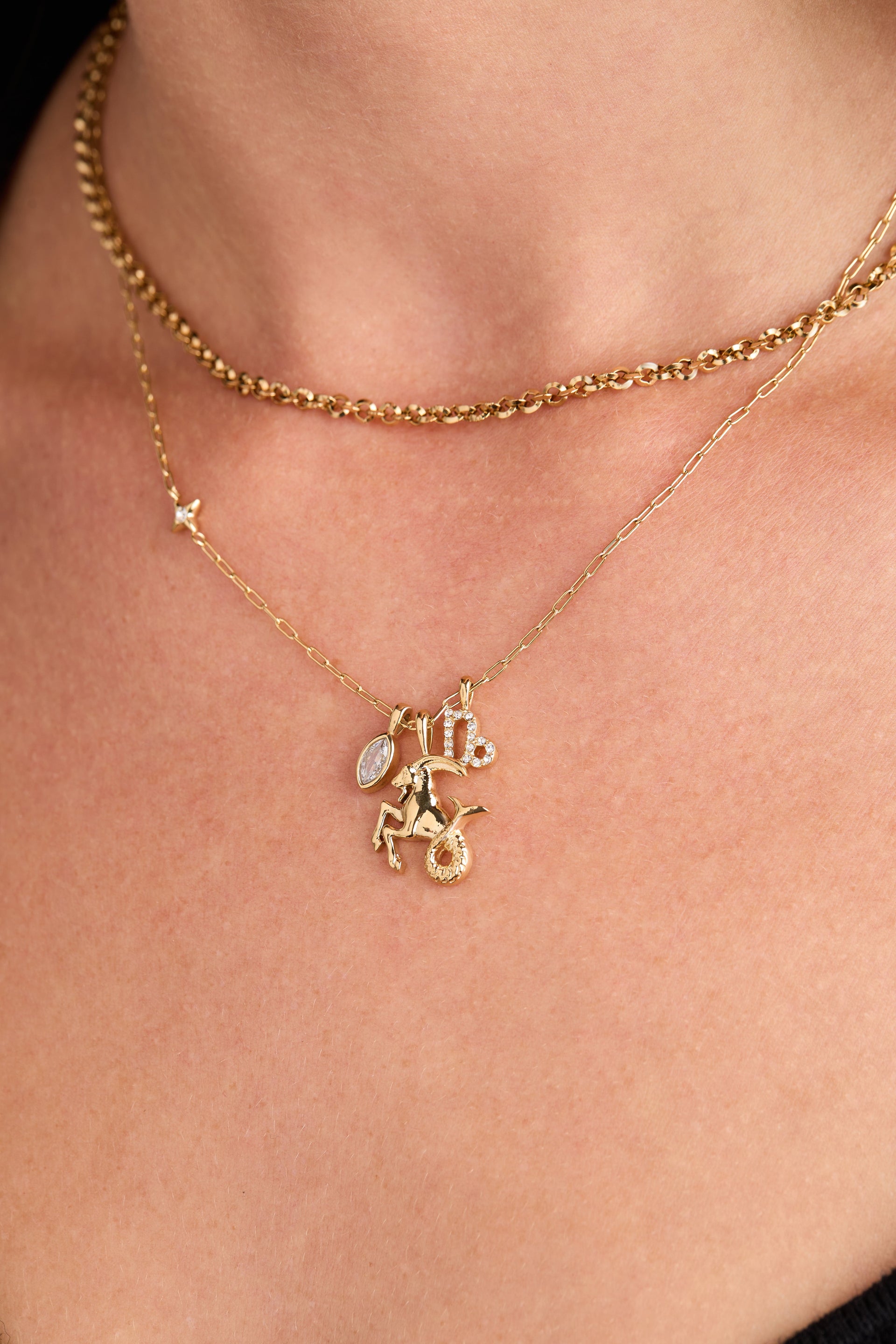 Capricorn Zodiac Charm Cluster Necklace with Earth Element Motif