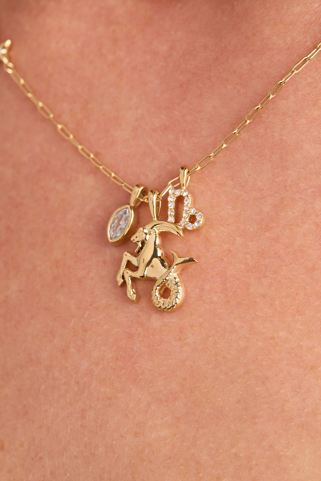 Capricorn Zodiac Charm Cluster Necklace with Earth Element Motif