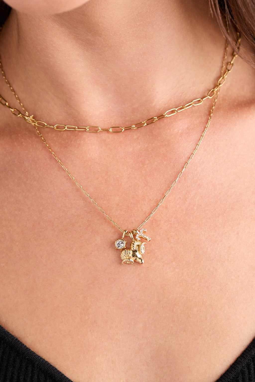 Aries Zodiac Charm Cluster Necklace in Gold-Plated Stainless Steel