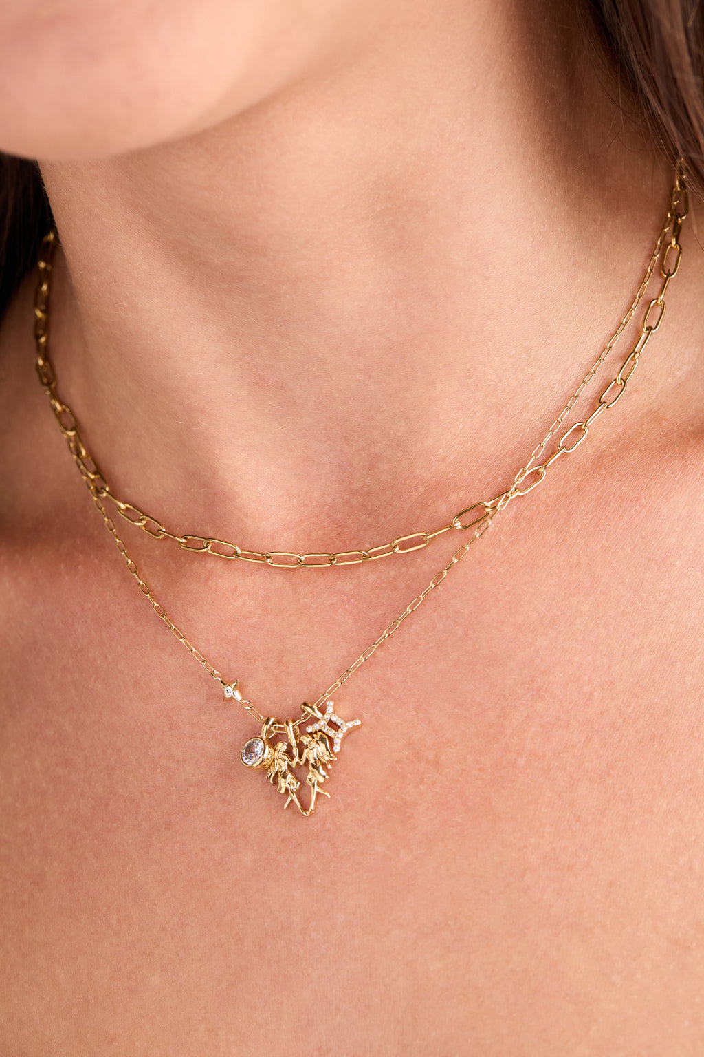 Gemini Zodiac Charm Cluster Necklace in Gold-Plated Stainless Steel