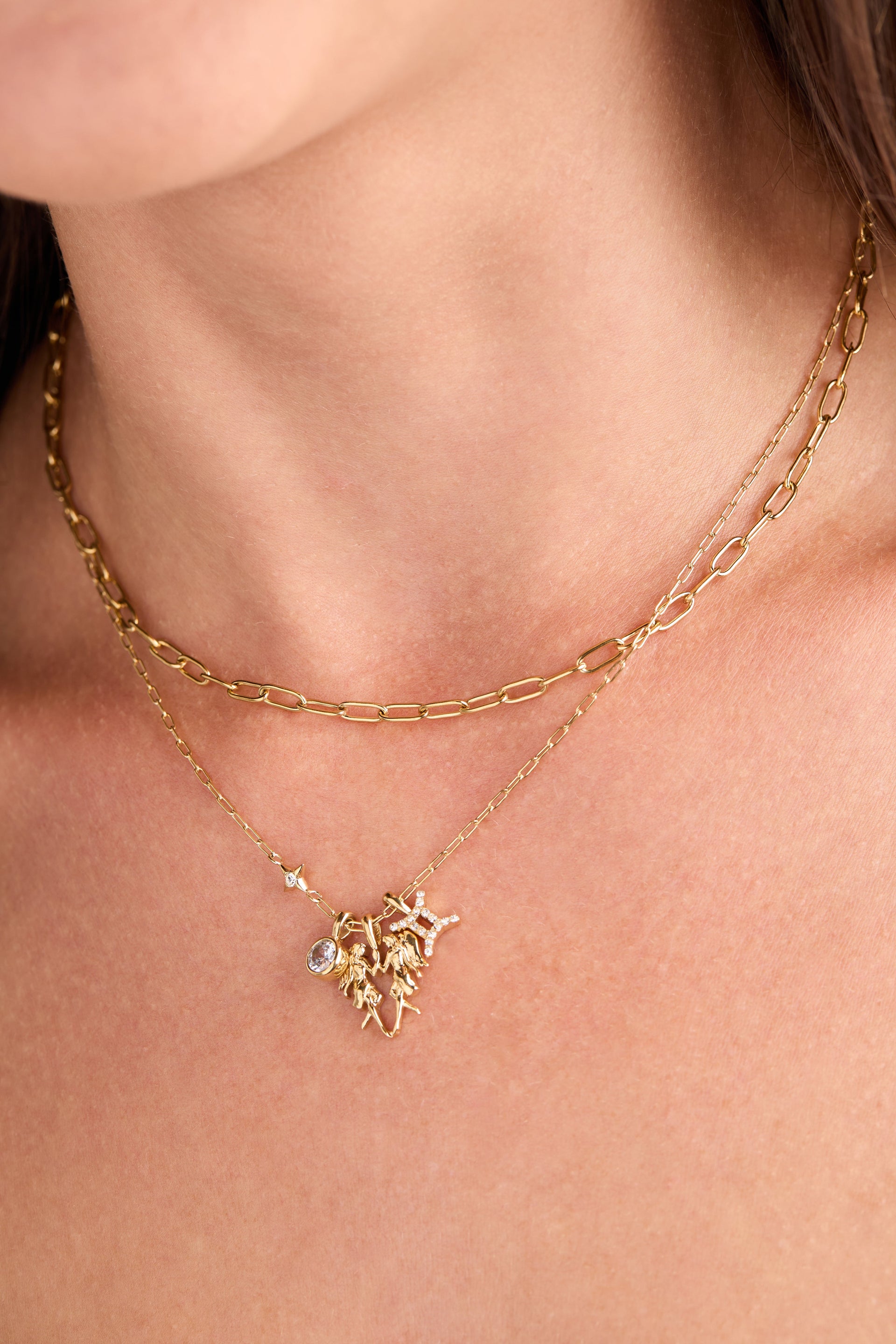 Gemini Zodiac Charm Cluster Necklace in Gold-Plated Stainless Steel