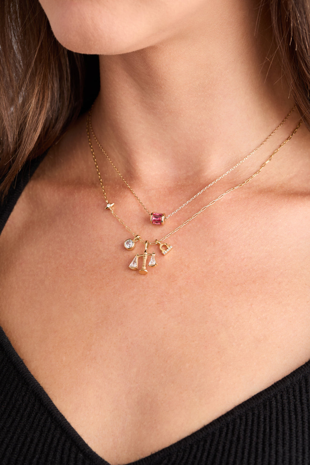 Libra Zodiac Charm Cluster Necklace in Gold-Plated Stainless Steel