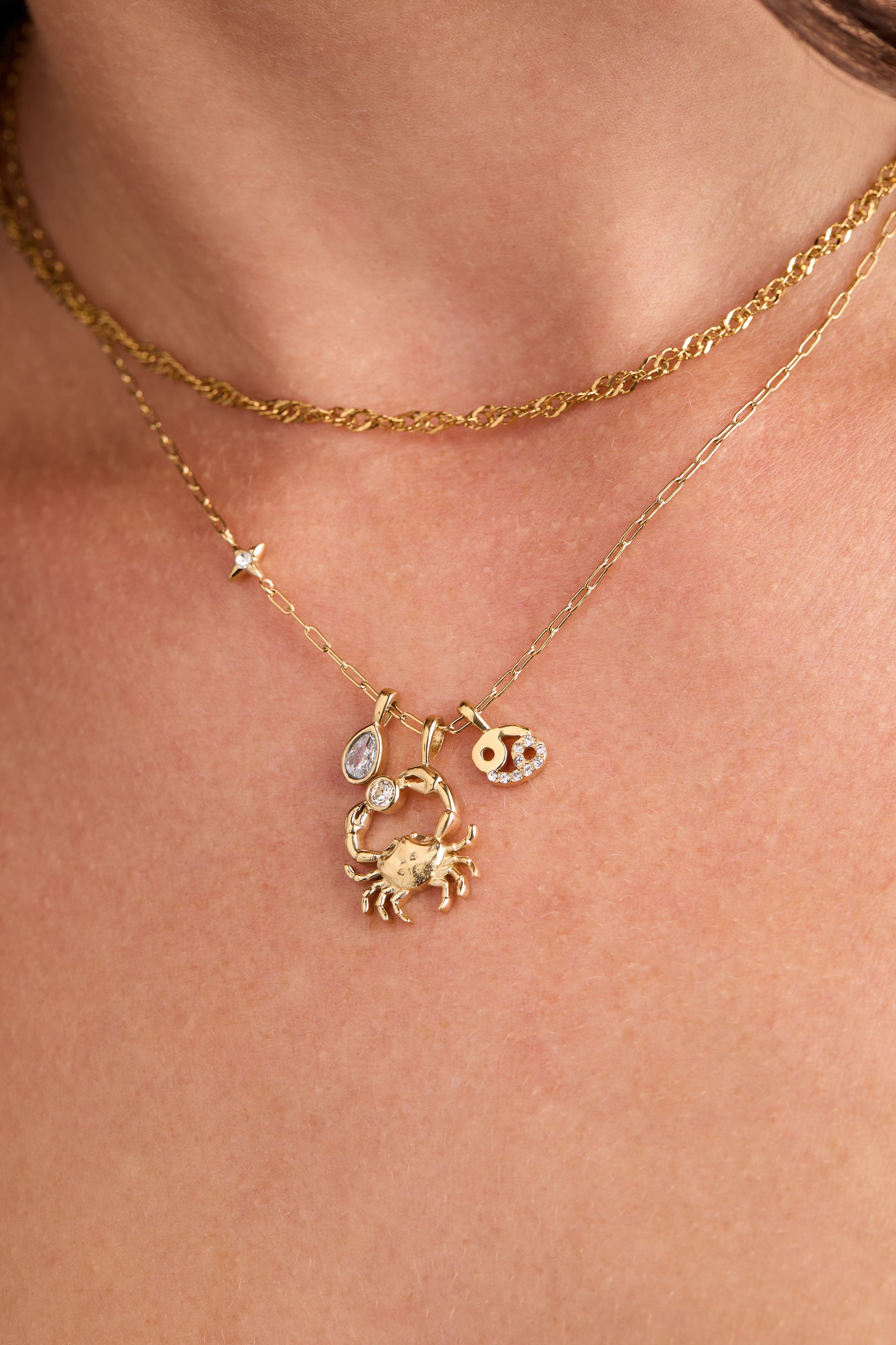 Cancer Zodiac Charm Cluster Necklace Gold-Plated Celestial Jewelry