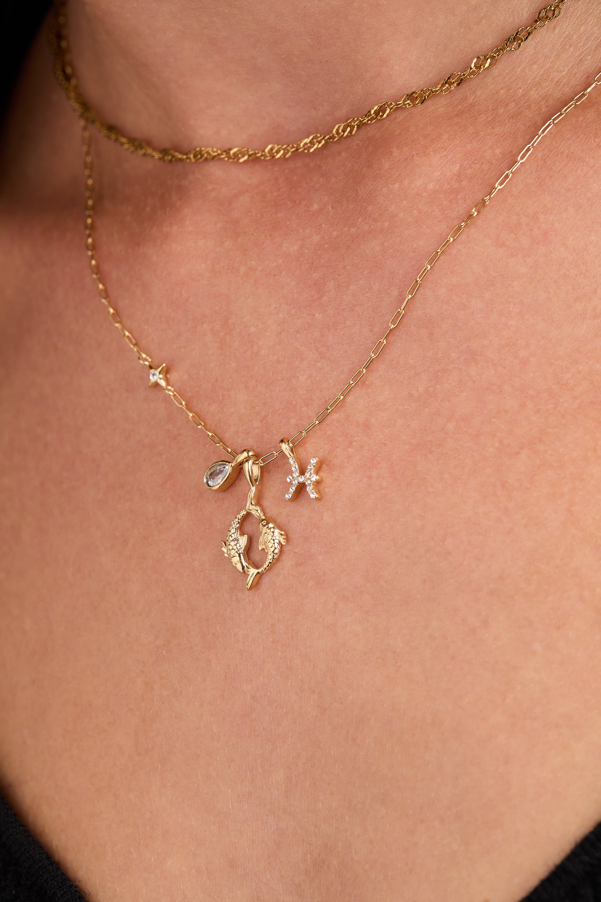 Pisces Zodiac Charm Cluster Necklace in Gold-Plated Stainless Steel